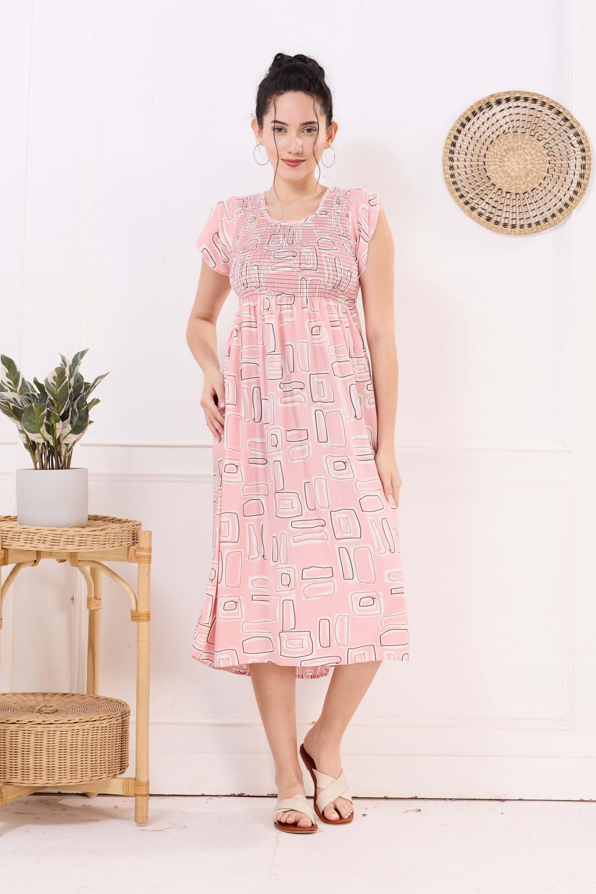 MANGAI Premium Rayon MAXI Frock Smocking Night Gown | Stretchable & Comfort Fit | Fancy Pleated Style with Side Pocket | Round Neck Nightwear for Stylish Women (SRM)