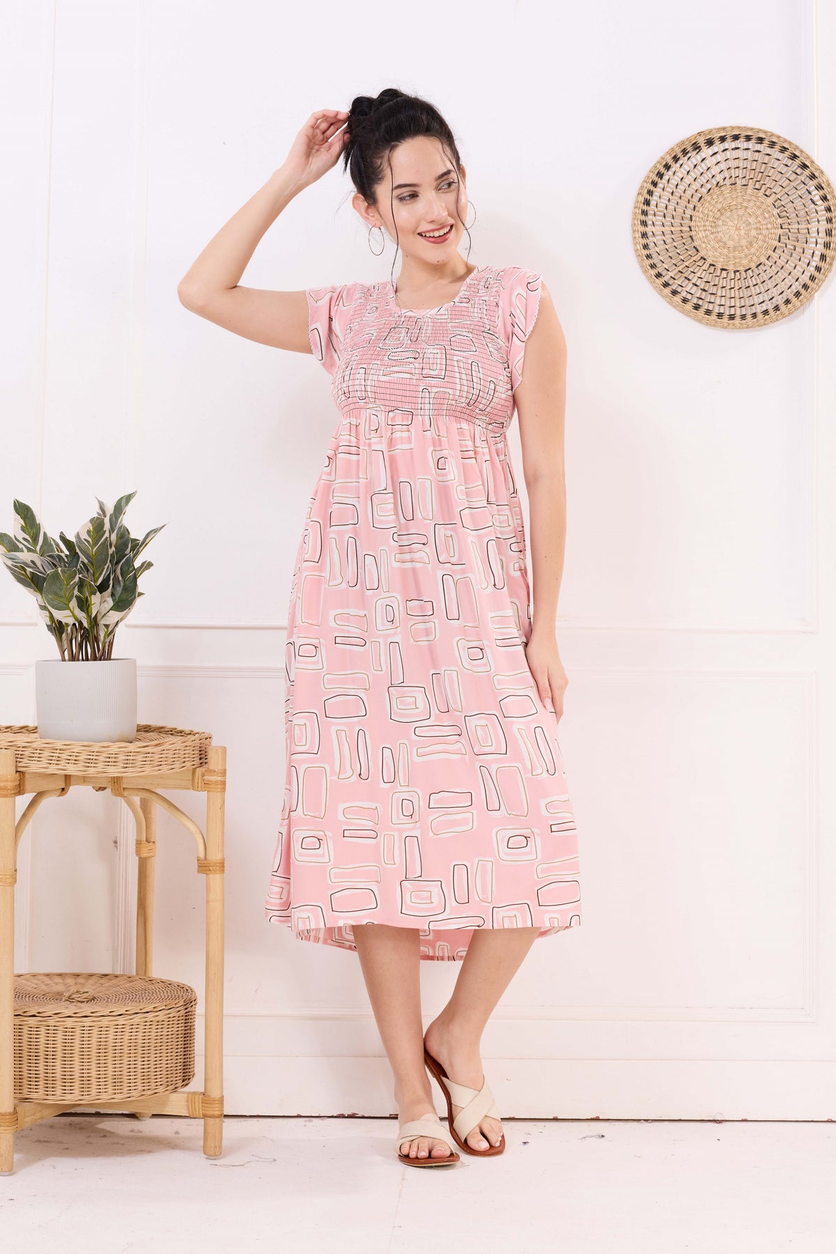 MANGAI Premium Rayon MAXI Frock Smocking Night Gown | Stretchable & Comfort Fit | Fancy Pleated Style with Side Pocket | Round Neck Nightwear for Stylish Women (SRM)