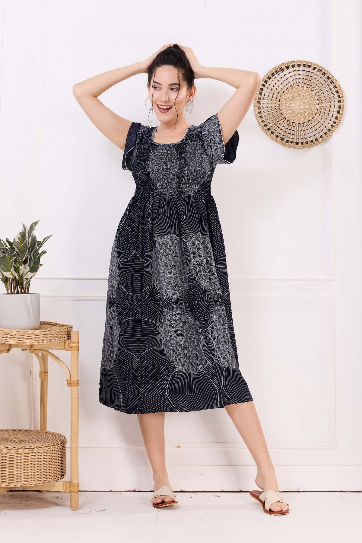MANGAI Premium Rayon MAXI Frock Smocking Night Gown | Stretchable & Comfort Fit | Fancy Pleated Style with Side Pocket | Round Neck Nightwear for Stylish Women (SRM)