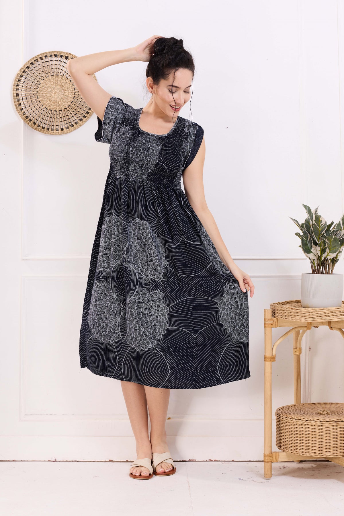 MANGAI Premium Rayon MAXI Frock Smocking Night Gown | Stretchable & Comfort Fit | Fancy Pleated Style with Side Pocket | Round Neck Nightwear for Stylish Women (SRM)