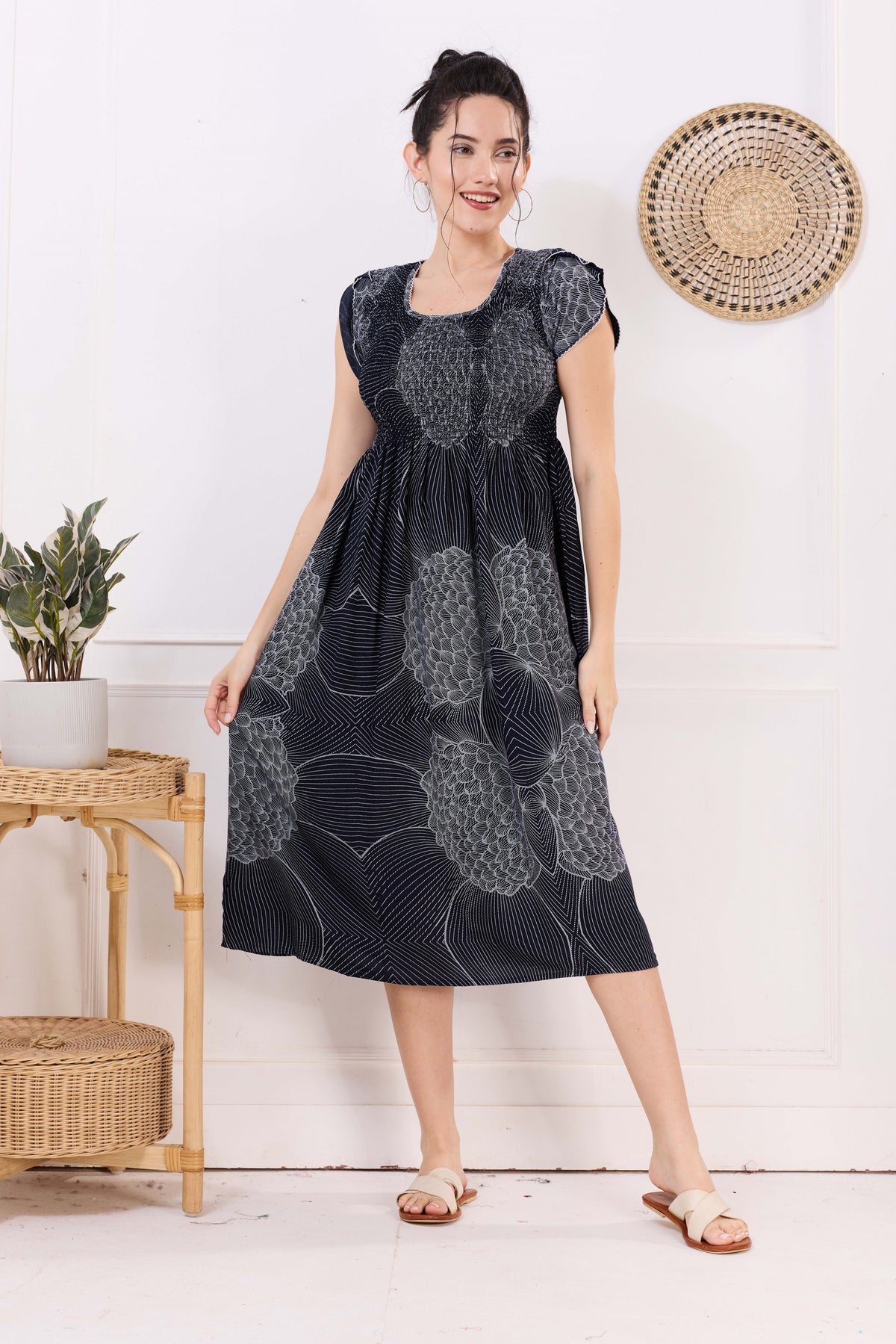 MANGAI Premium Rayon MAXI Frock Smocking Night Gown | Stretchable & Comfort Fit | Fancy Pleated Style with Side Pocket | Round Neck Nightwear for Stylish Women (SRM)