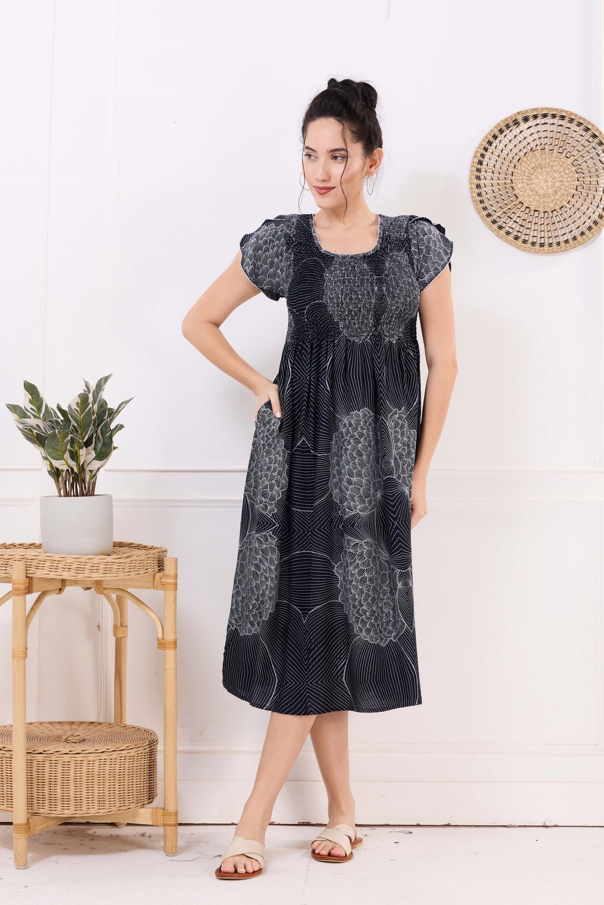 MANGAI Premium Rayon MAXI Frock Smocking Night Gown | Stretchable & Comfort Fit | Fancy Pleated Style with Side Pocket | Round Neck Nightwear for Stylish Women (SRM)