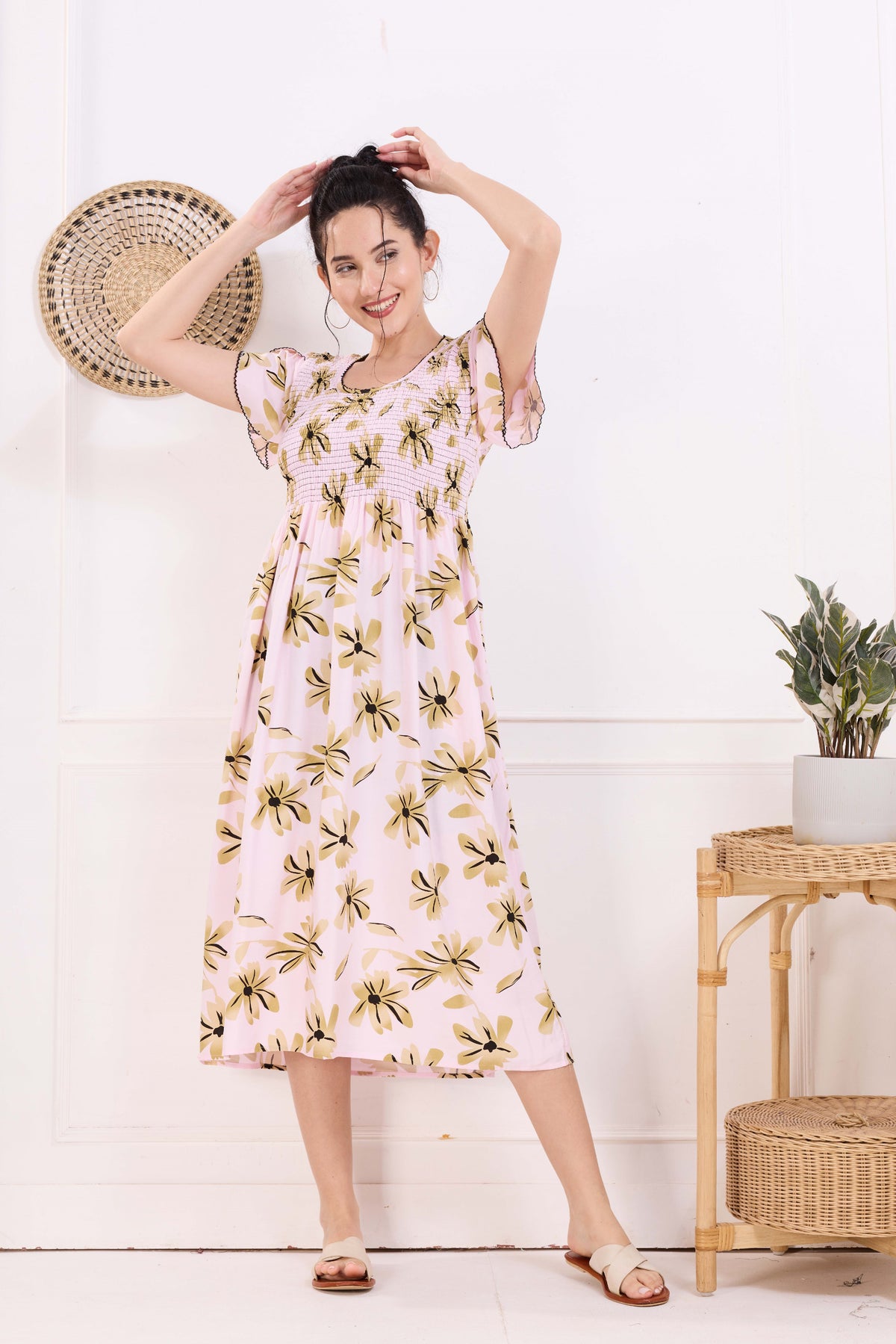MANGAI Premium Rayon MAXI Frock Smocking Night Gown | Stretchable & Comfort Fit | Fancy Pleated Style with Side Pocket | Round Neck Nightwear for Stylish Women (SRM)