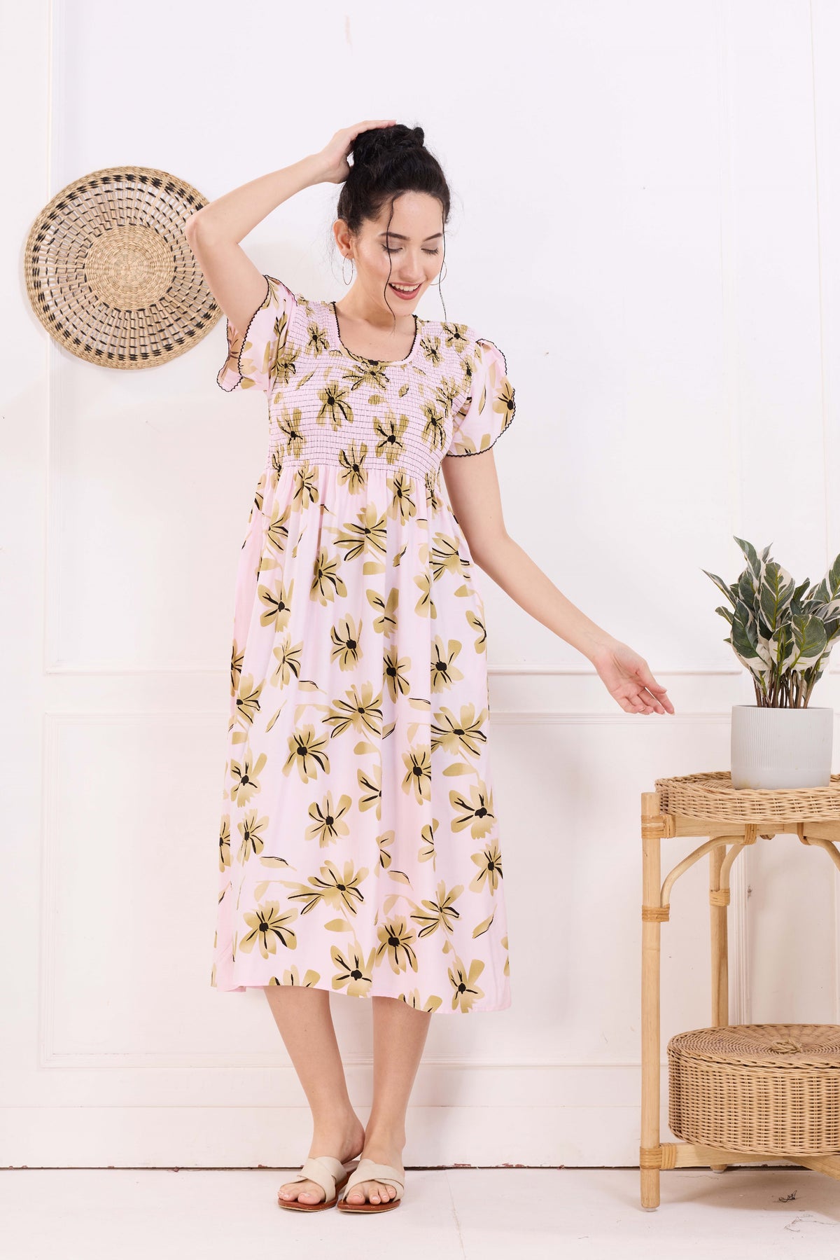MANGAI Premium Rayon MAXI Frock Smocking Night Gown | Stretchable & Comfort Fit | Fancy Pleated Style with Side Pocket | Round Neck Nightwear for Stylish Women (SRM)
