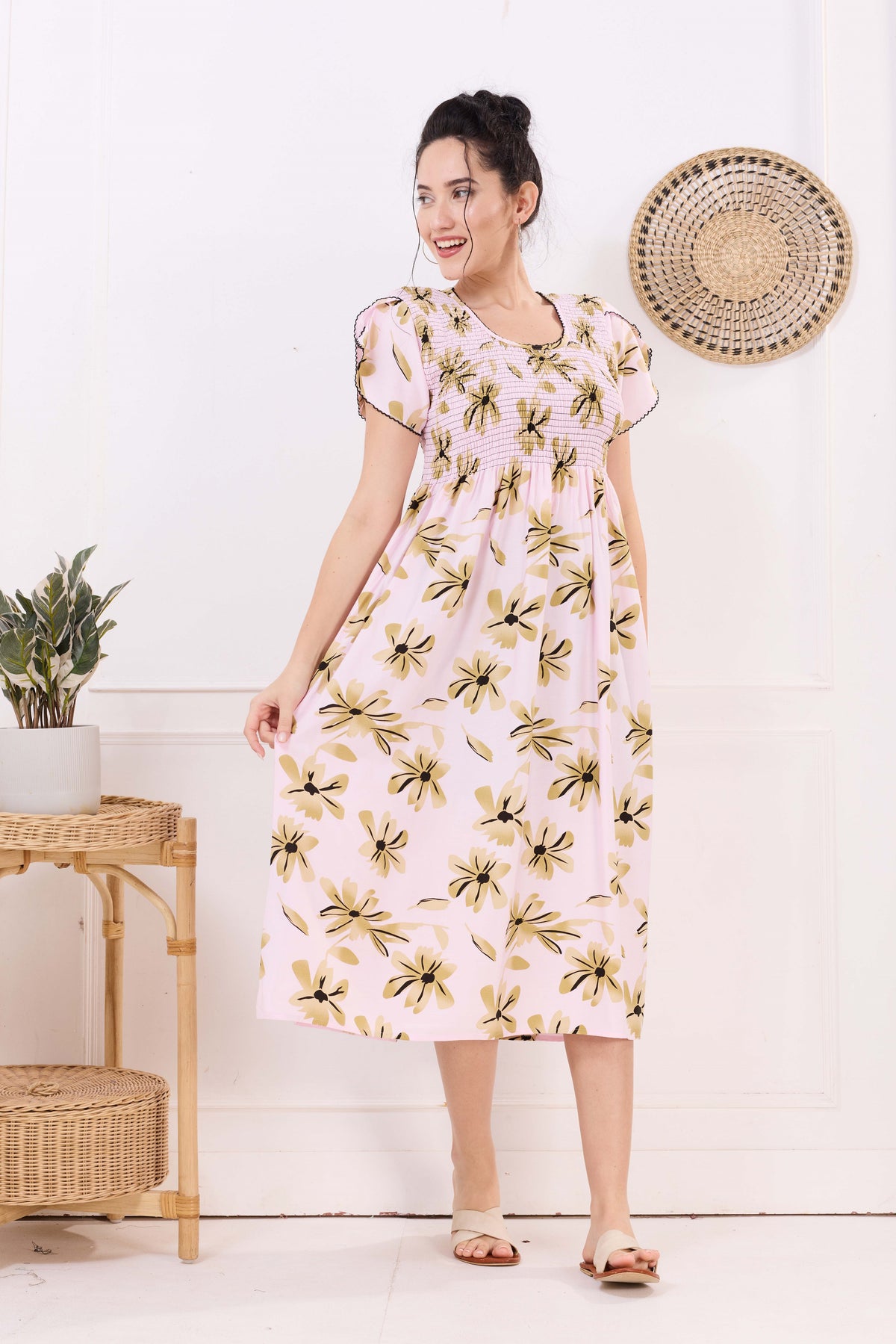 MANGAI Premium Rayon MAXI Frock Smocking Night Gown | Stretchable & Comfort Fit | Fancy Pleated Style with Side Pocket | Round Neck Nightwear for Stylish Women (SRM)