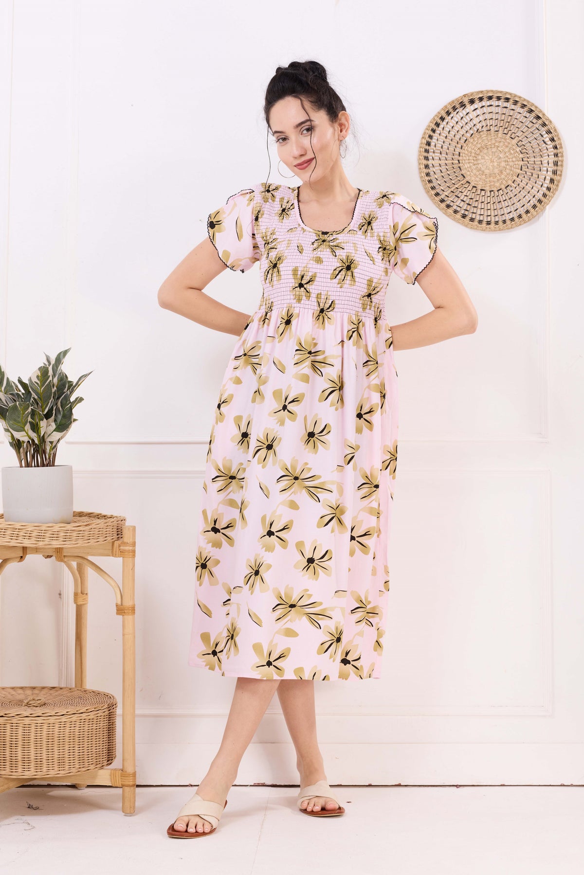 MANGAI Premium Rayon MAXI Frock Smocking Night Gown | Stretchable & Comfort Fit | Fancy Pleated Style with Side Pocket | Round Neck Nightwear for Stylish Women (SRM)