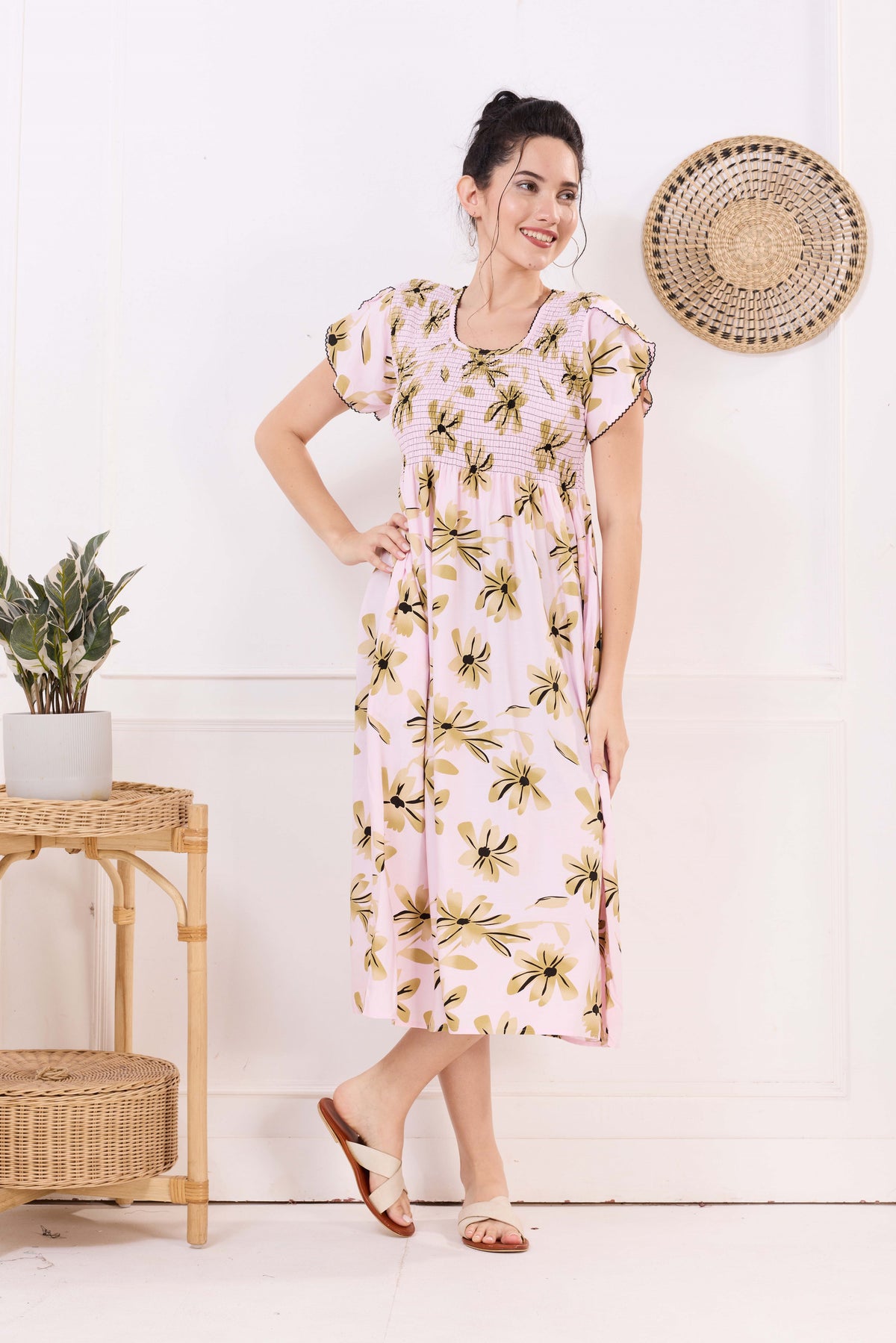 MANGAI Premium Rayon MAXI Frock Smocking Night Gown | Stretchable & Comfort Fit | Fancy Pleated Style with Side Pocket | Round Neck Nightwear for Stylish Women (SRM)