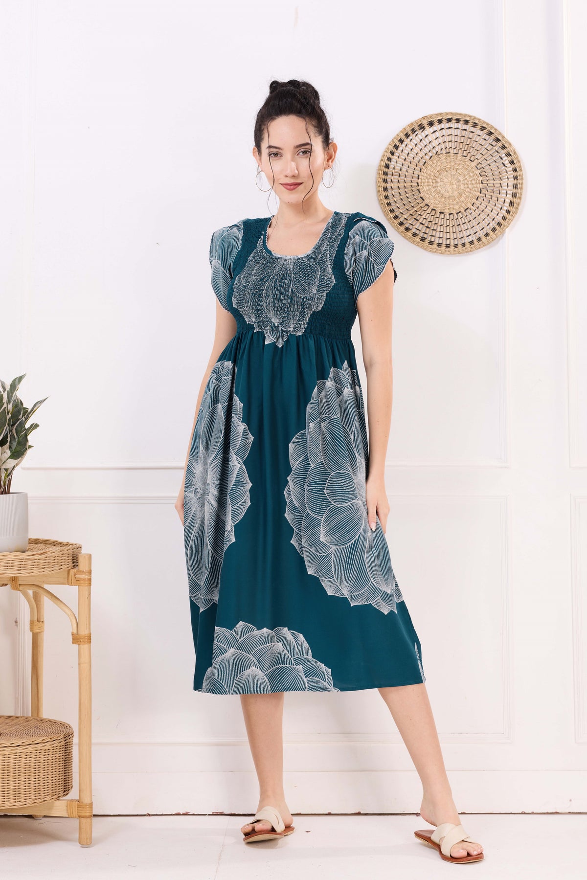 MANGAI Premium Rayon MAXI Frock Smocking Night Gown | Stretchable & Comfort Fit | Fancy Pleated Style with Side Pocket | Round Neck Nightwear for Stylish Women (SRM)