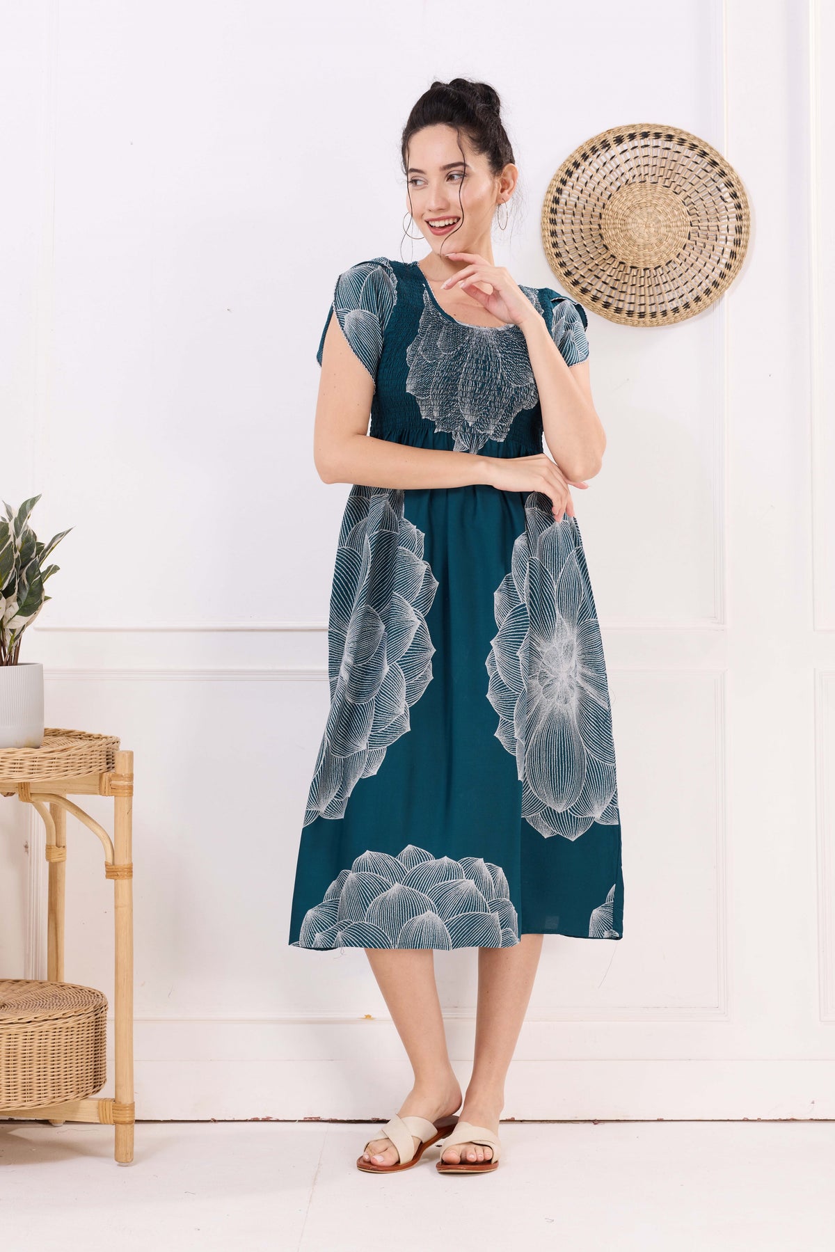MANGAI Premium Rayon MAXI Frock Smocking Night Gown | Stretchable & Comfort Fit | Fancy Pleated Style with Side Pocket | Round Neck Nightwear for Stylish Women (SRM)