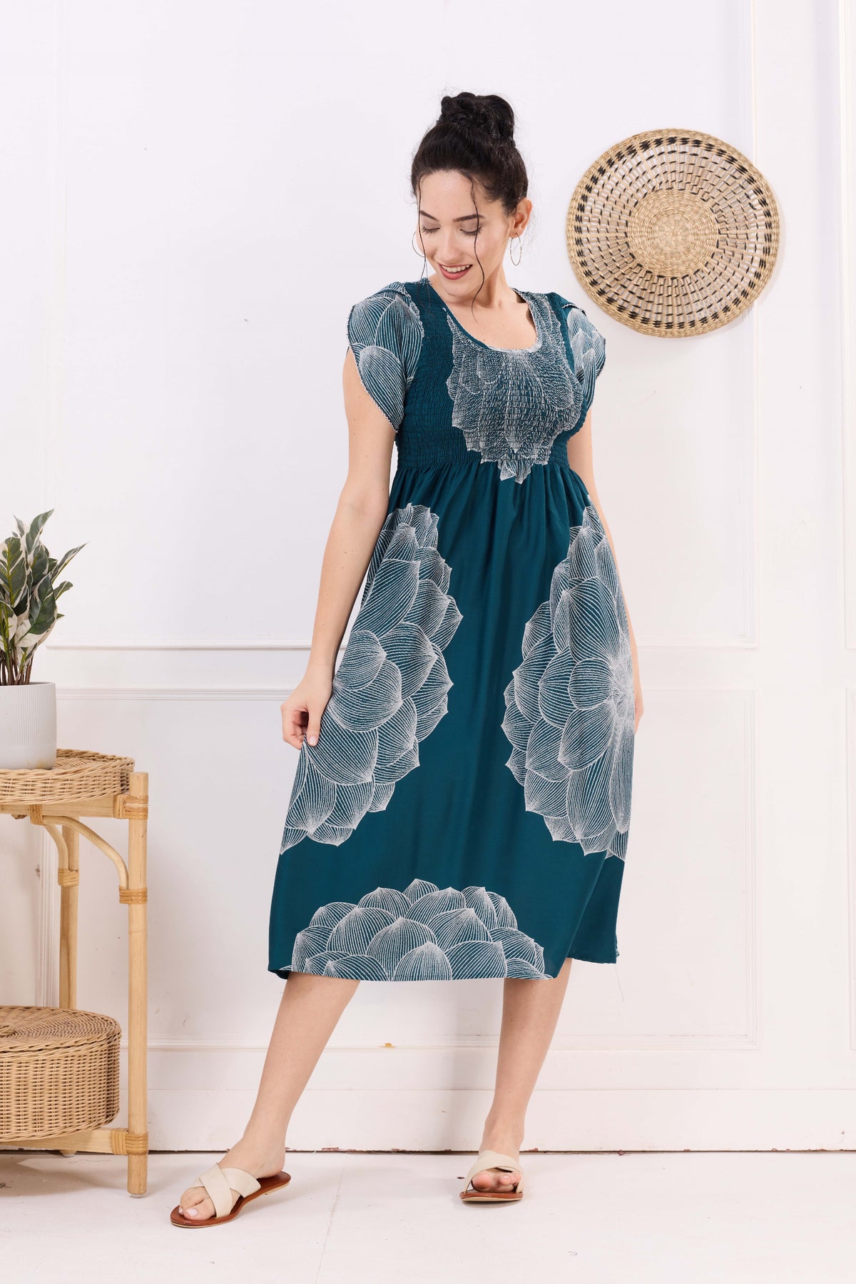 MANGAI Premium Rayon MAXI Frock Smocking Night Gown | Stretchable & Comfort Fit | Fancy Pleated Style with Side Pocket | Round Neck Nightwear for Stylish Women (SRM)