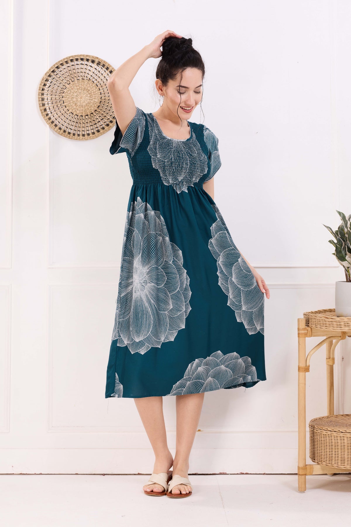 MANGAI Premium Rayon MAXI Frock Smocking Night Gown | Stretchable & Comfort Fit | Fancy Pleated Style with Side Pocket | Round Neck Nightwear for Stylish Women (SRM)