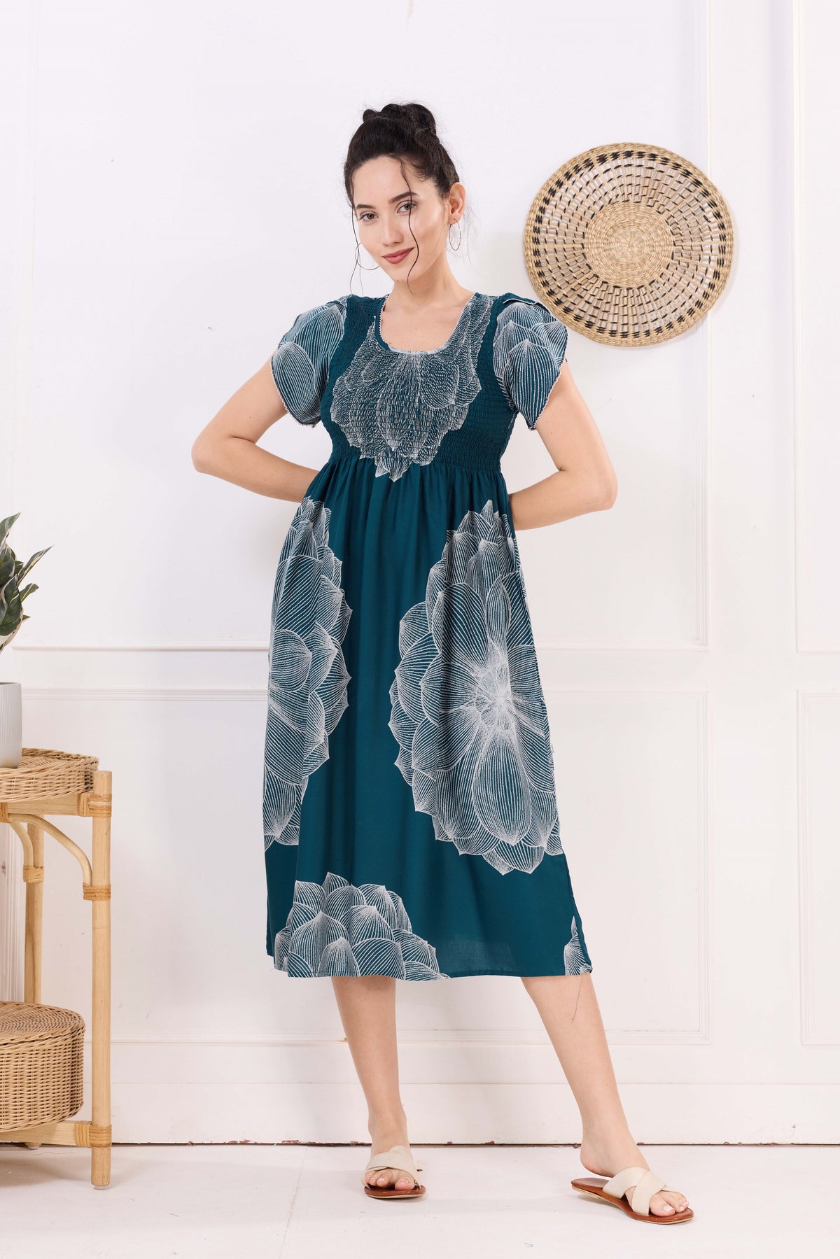MANGAI Premium Rayon MAXI Frock Smocking Night Gown | Stretchable & Comfort Fit | Fancy Pleated Style with Side Pocket | Round Neck Nightwear for Stylish Women (SRM)