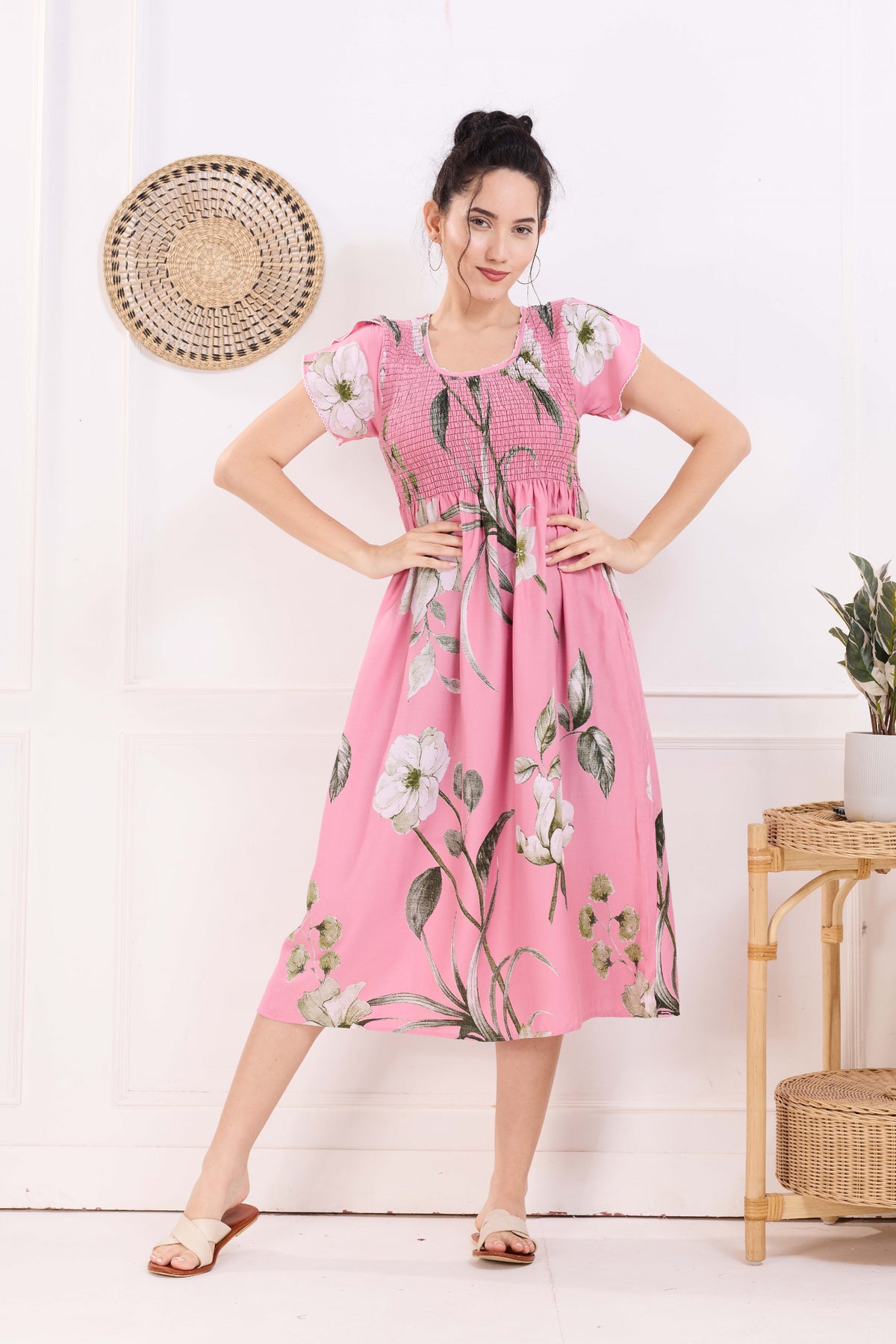 MANGAI Premium Rayon MAXI Frock Smocking Night Gown | Stretchable & Comfort Fit | Fancy Pleated Style with Side Pocket | Round Neck Nightwear for Stylish Women (SRM)