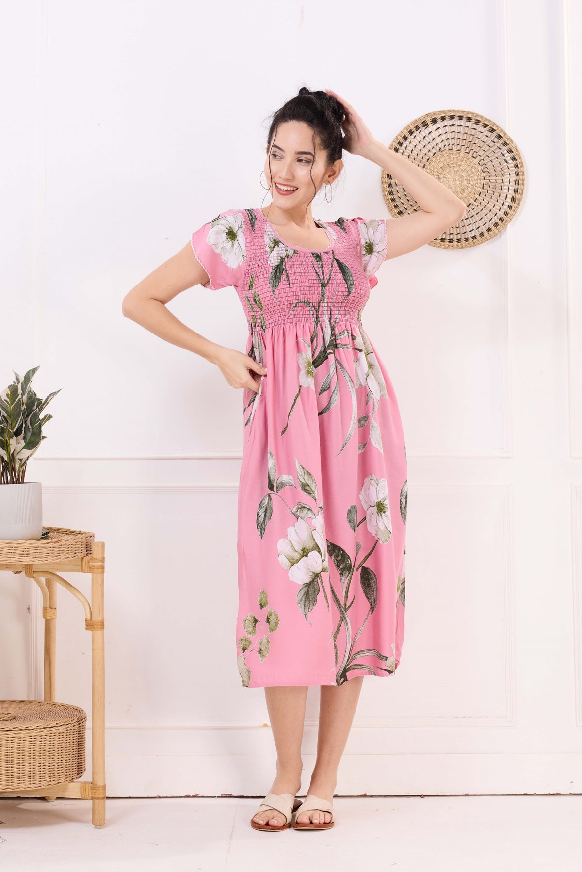 MANGAI Premium Rayon MAXI Frock Smocking Night Gown | Stretchable & Comfort Fit | Fancy Pleated Style with Side Pocket | Round Neck Nightwear for Stylish Women (SRM)