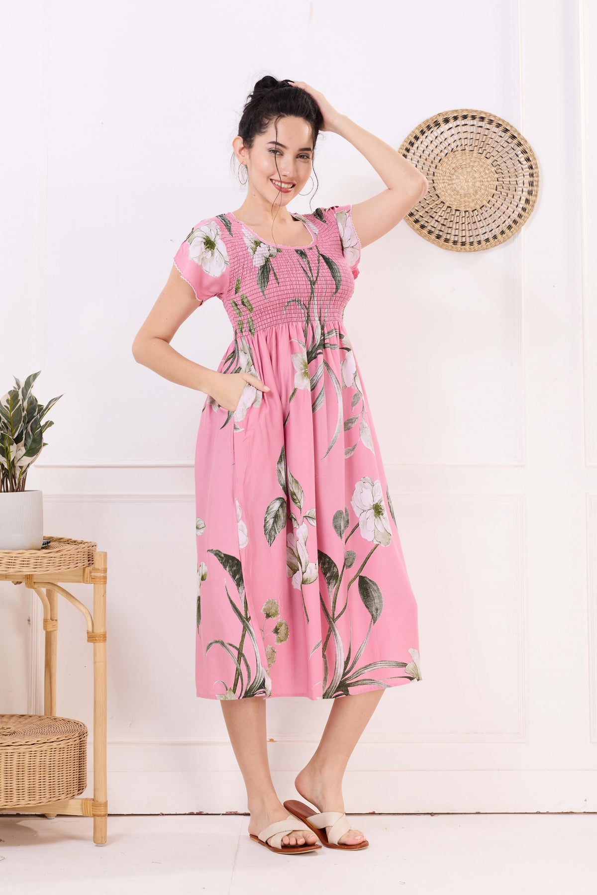 MANGAI Premium Rayon MAXI Frock Smocking Night Gown | Stretchable & Comfort Fit | Fancy Pleated Style with Side Pocket | Round Neck Nightwear for Stylish Women (SRM)