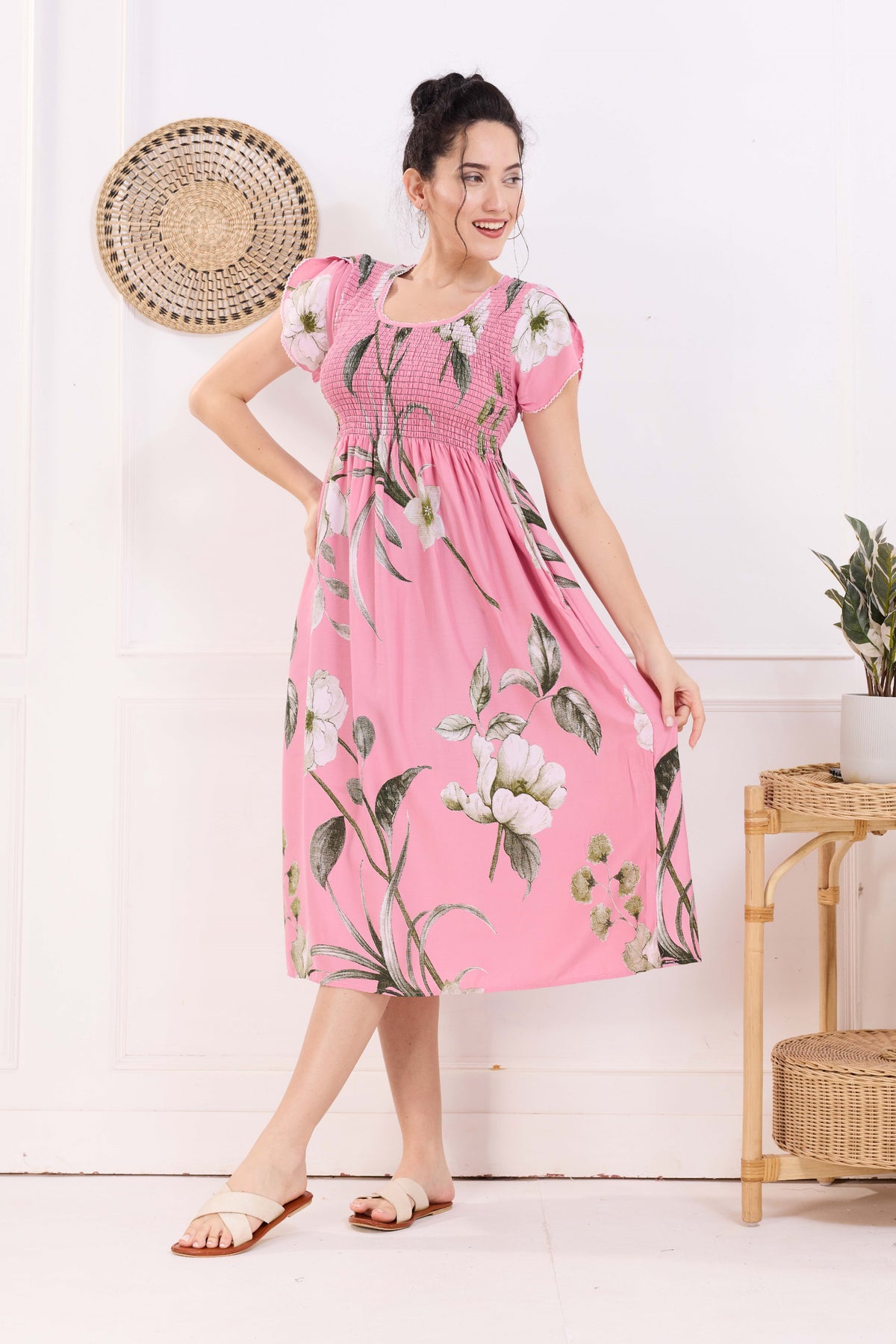 MANGAI Premium Rayon MAXI Frock Smocking Night Gown | Stretchable & Comfort Fit | Fancy Pleated Style with Side Pocket | Round Neck Nightwear for Stylish Women (SRM)