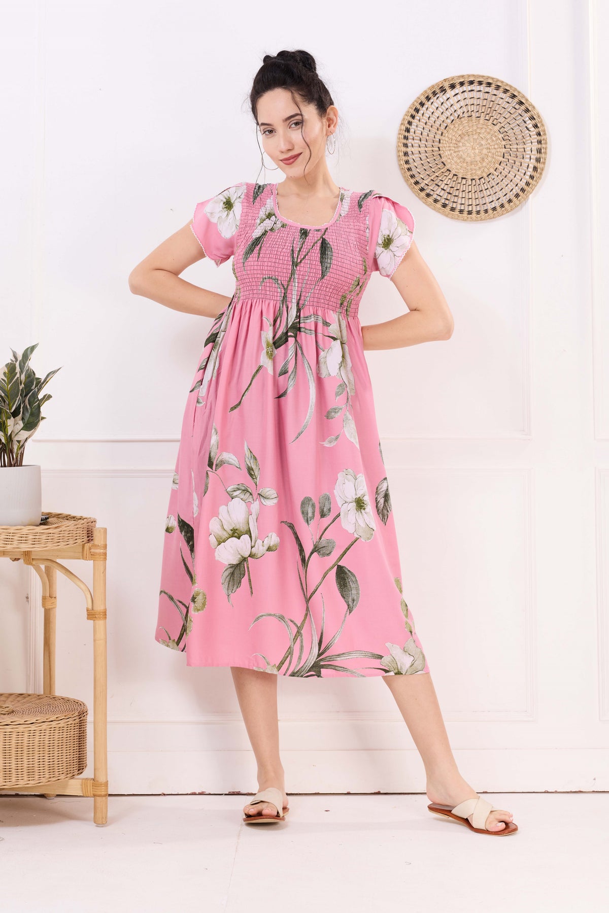 MANGAI Premium Rayon MAXI Frock Smocking Night Gown | Stretchable & Comfort Fit | Fancy Pleated Style with Side Pocket | Round Neck Nightwear for Stylish Women (SRM)