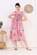 MANGAI Premium Rayon MAXI Frock Smocking Night Gown | Stretchable & Comfort Fit | Fancy Pleated Style with Side Pocket | Round Neck Nightwear for Stylish Women (SRM)