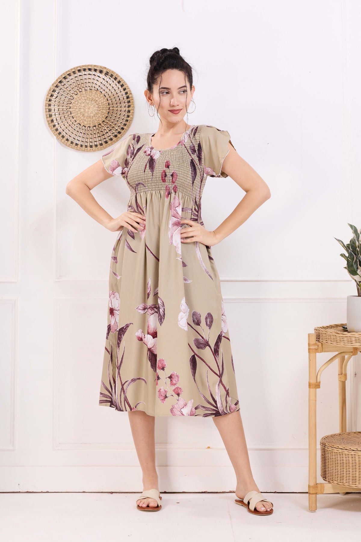 MANGAI Premium Rayon MAXI Frock Smocking Night Gown | Stretchable & Comfort Fit | Fancy Pleated Style with Side Pocket | Round Neck Nightwear for Stylish Women (SRM)