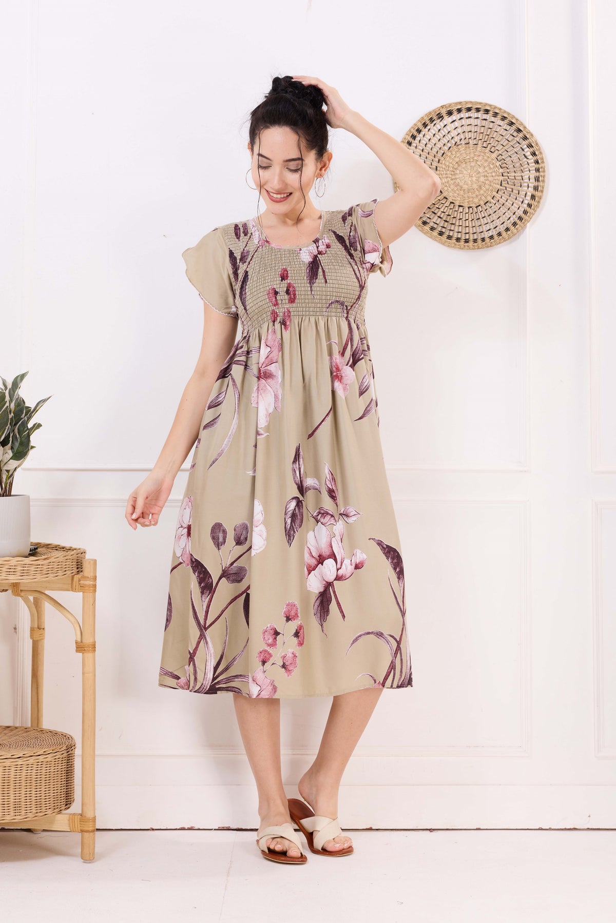 MANGAI Premium Rayon MAXI Frock Smocking Night Gown | Stretchable & Comfort Fit | Fancy Pleated Style with Side Pocket | Round Neck Nightwear for Stylish Women (SRM)