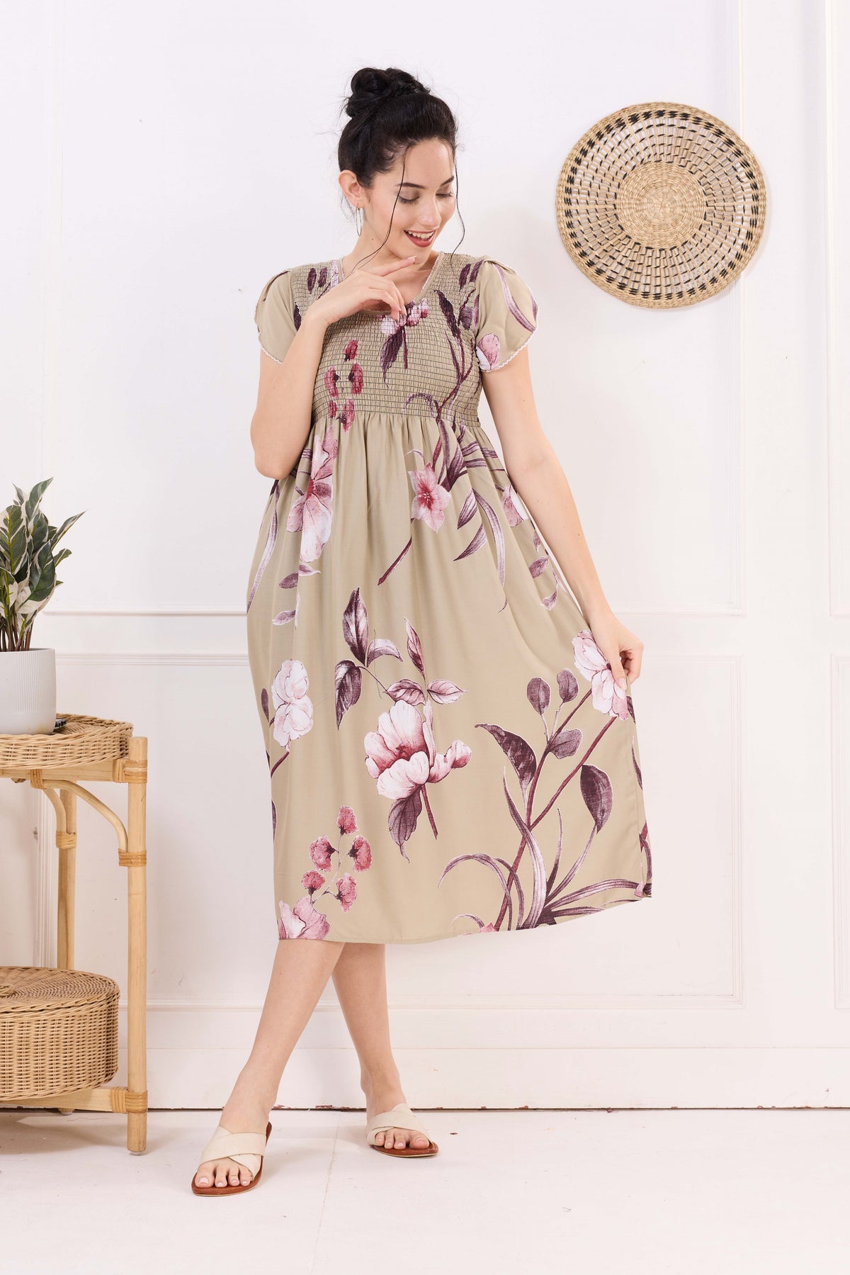 MANGAI Premium Rayon MAXI Frock Smocking Night Gown | Stretchable & Comfort Fit | Fancy Pleated Style with Side Pocket | Round Neck Nightwear for Stylish Women (SRM)