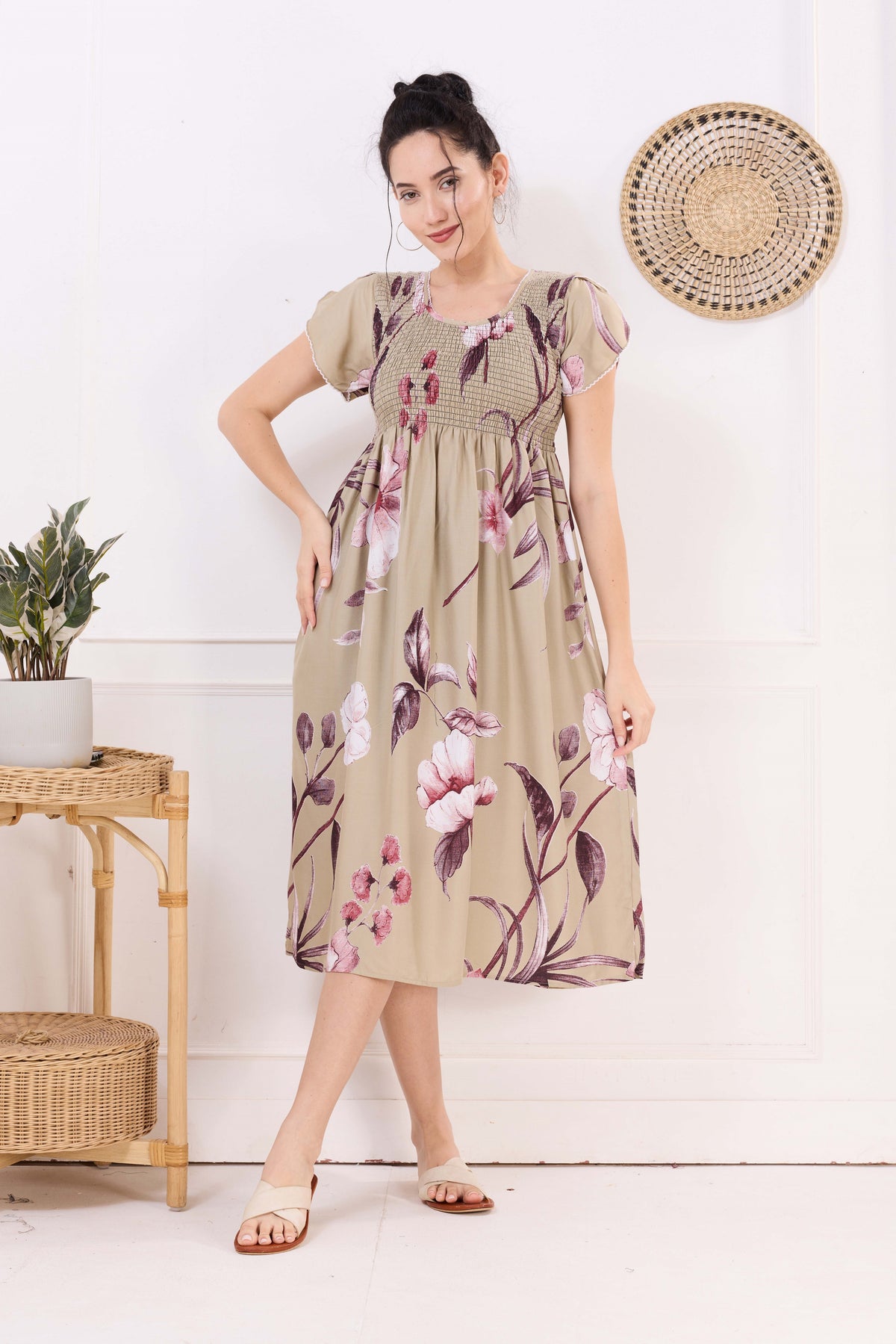 MANGAI Premium Rayon MAXI Frock Smocking Night Gown | Stretchable & Comfort Fit | Fancy Pleated Style with Side Pocket | Round Neck Nightwear for Stylish Women (SRM)
