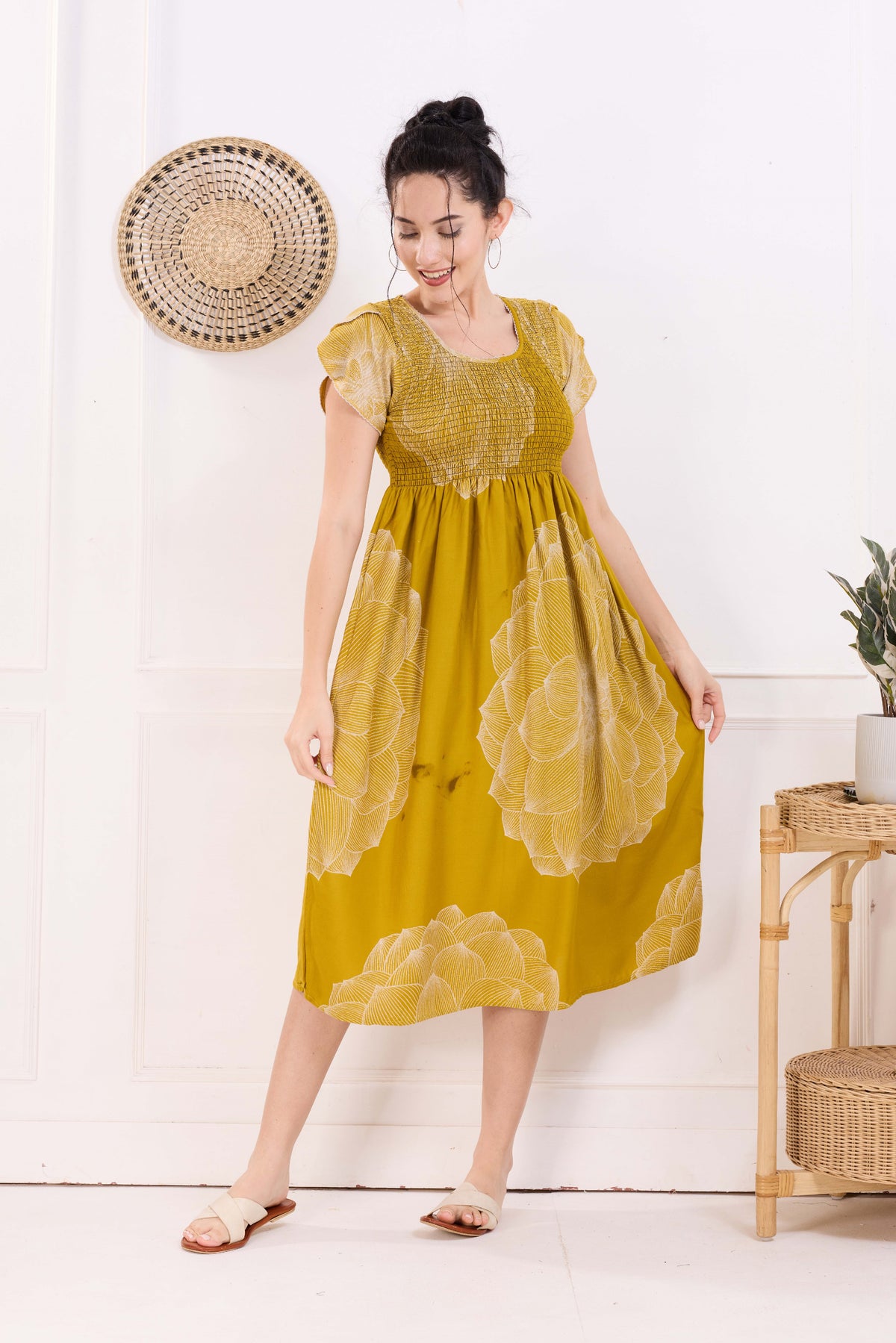 MANGAI Premium Rayon MAXI Frock Smocking Night Gown | Stretchable & Comfort Fit | Fancy Pleated Style with Side Pocket | Round Neck Nightwear for Stylish Women (SRM)