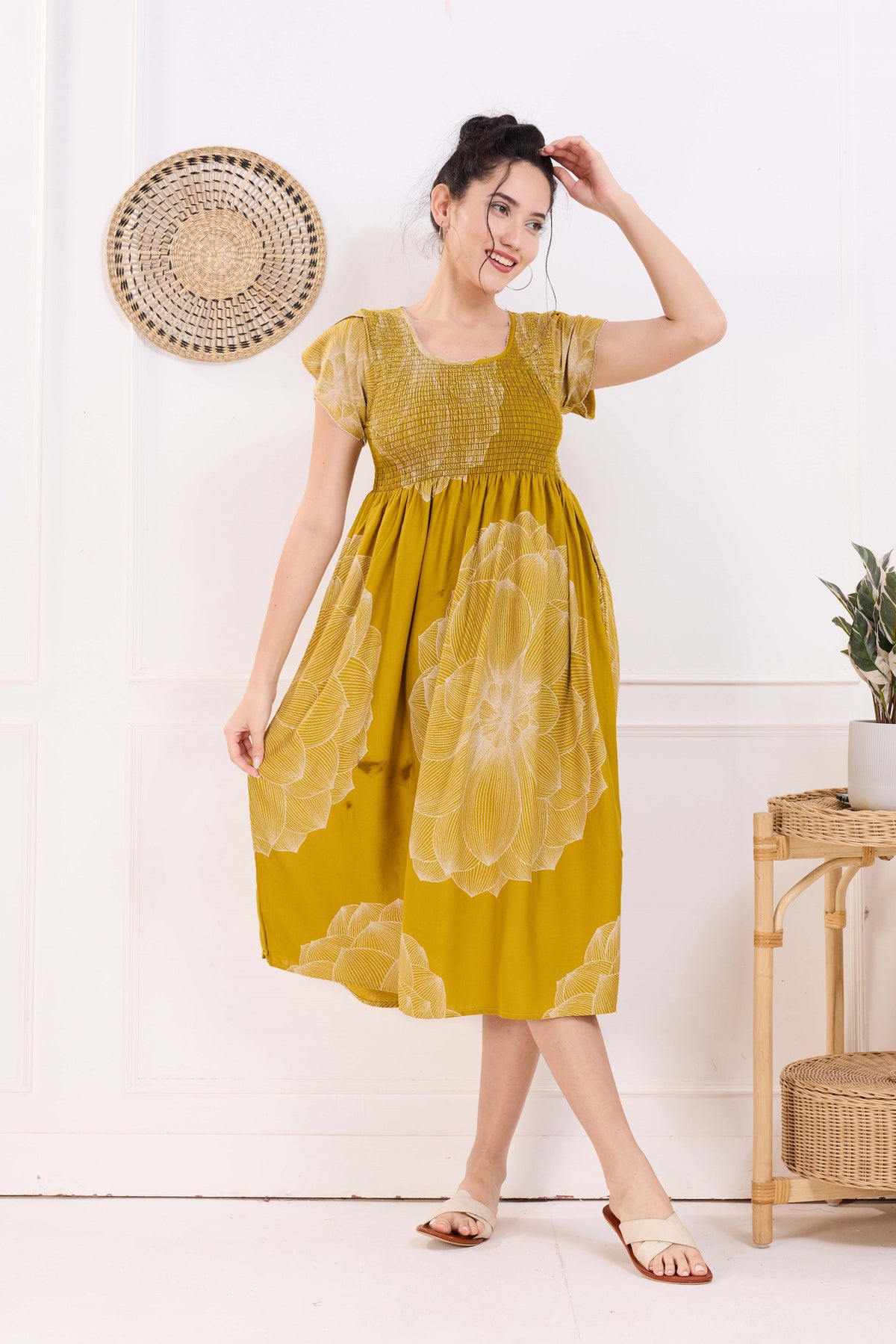 MANGAI Premium Rayon MAXI Frock Smocking Night Gown | Stretchable & Comfort Fit | Fancy Pleated Style with Side Pocket | Round Neck Nightwear for Stylish Women (SRM)