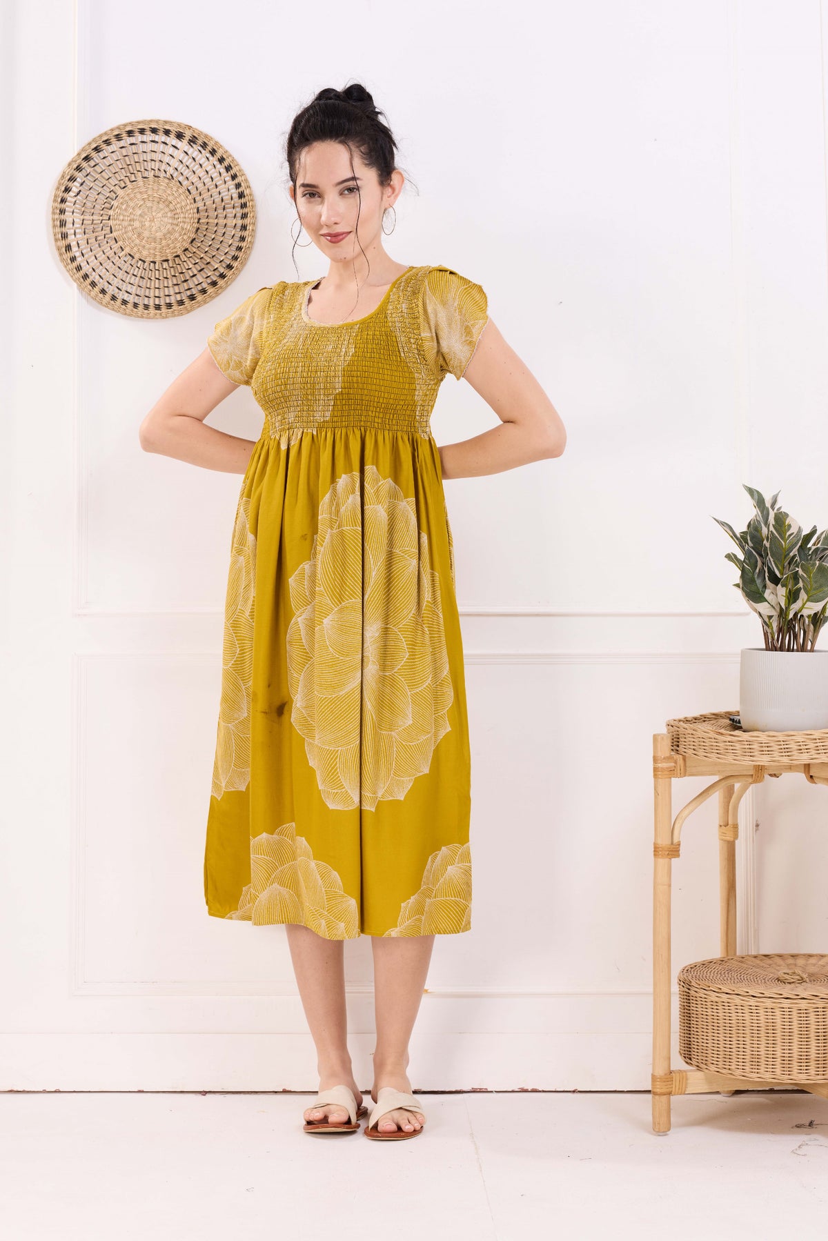 MANGAI Premium Rayon MAXI Frock Smocking Night Gown | Stretchable & Comfort Fit | Fancy Pleated Style with Side Pocket | Round Neck Nightwear for Stylish Women (SRM)