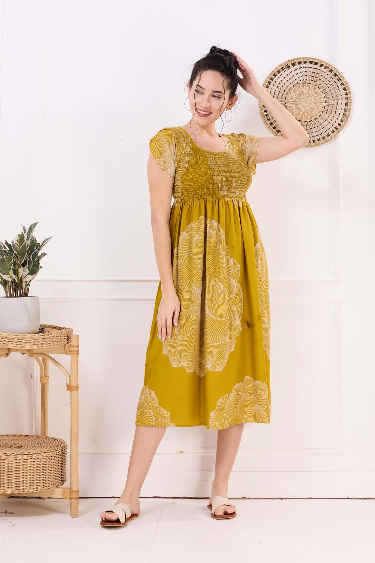 MANGAI Premium Rayon MAXI Frock Smocking Night Gown | Stretchable & Comfort Fit | Fancy Pleated Style with Side Pocket | Round Neck Nightwear for Stylish Women (SRM)