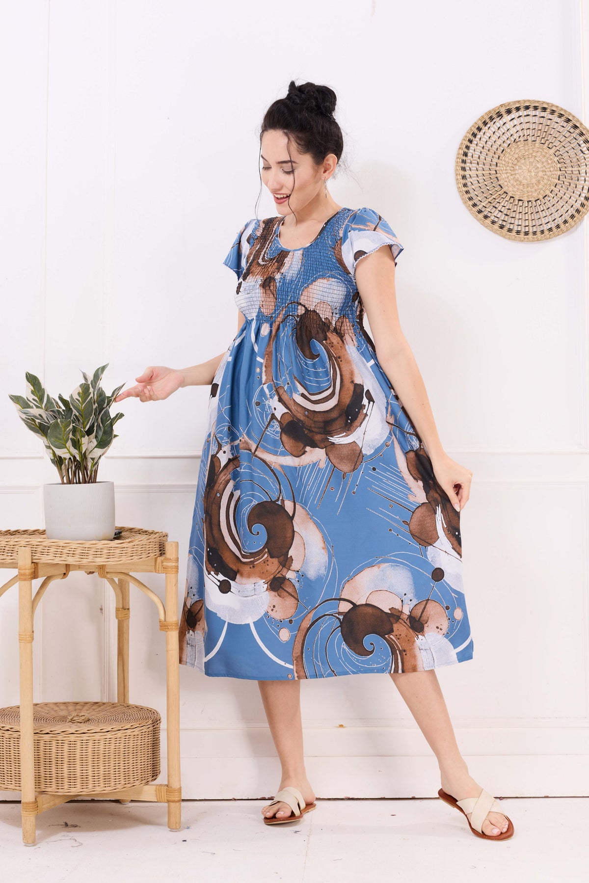 MANGAI Premium Rayon MAXI Frock Smocking Night Gown | Stretchable & Comfort Fit | Fancy Pleated Style with Side Pocket | Round Neck Nightwear for Stylish Women (SRM)