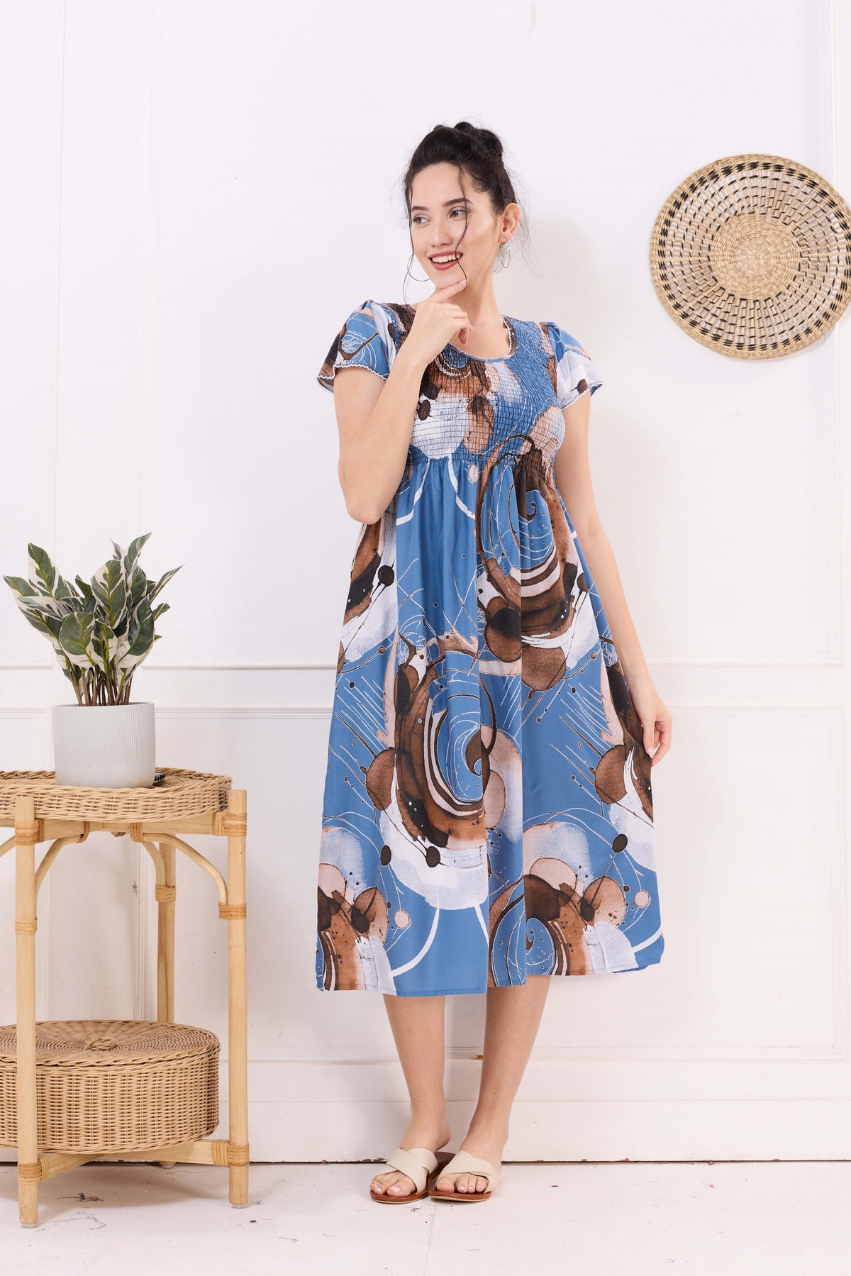 MANGAI Premium Rayon MAXI Frock Smocking Night Gown | Stretchable & Comfort Fit | Fancy Pleated Style with Side Pocket | Round Neck Nightwear for Stylish Women (SRM)