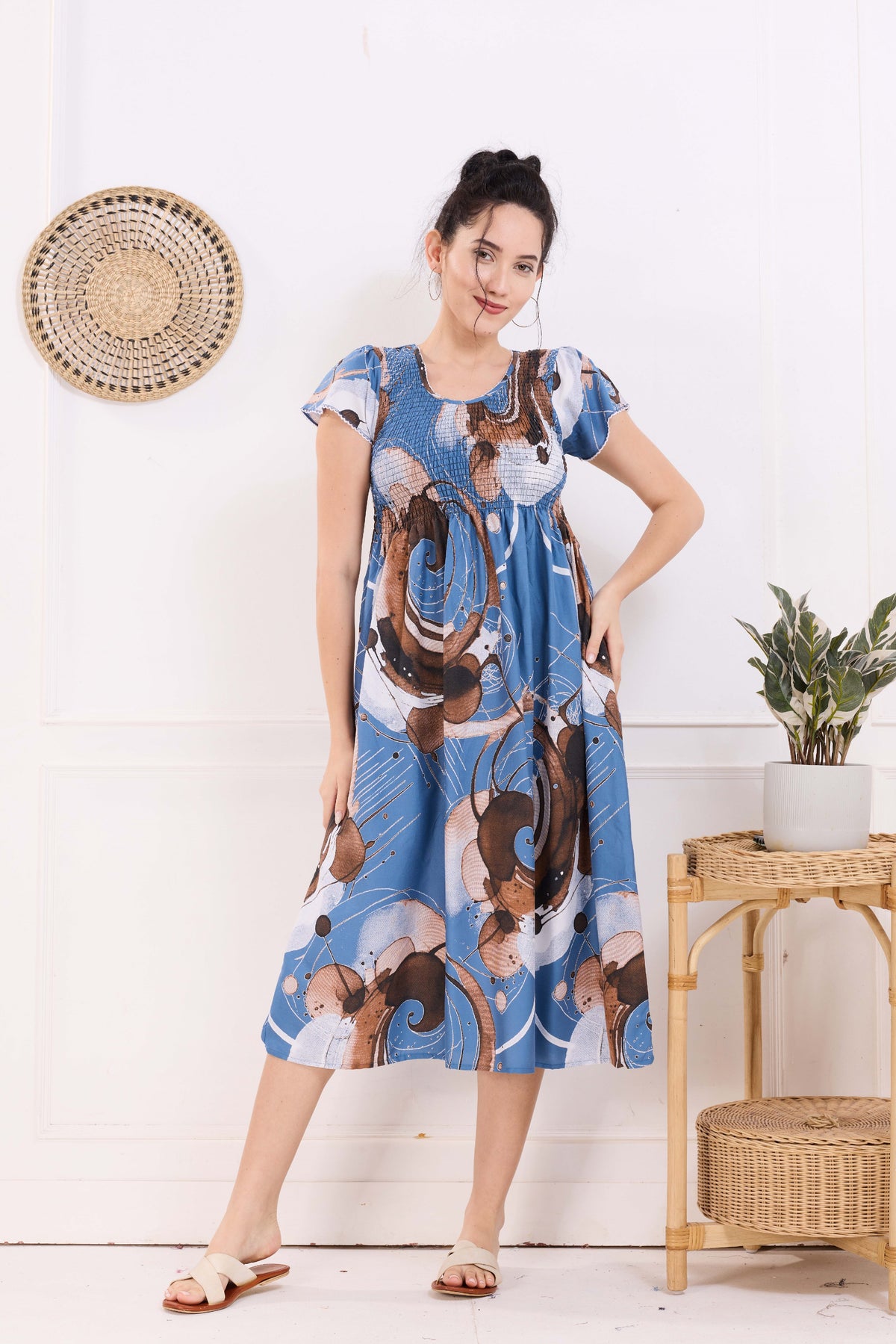MANGAI Premium Rayon MAXI Frock Smocking Night Gown | Stretchable & Comfort Fit | Fancy Pleated Style with Side Pocket | Round Neck Nightwear for Stylish Women (SRM)