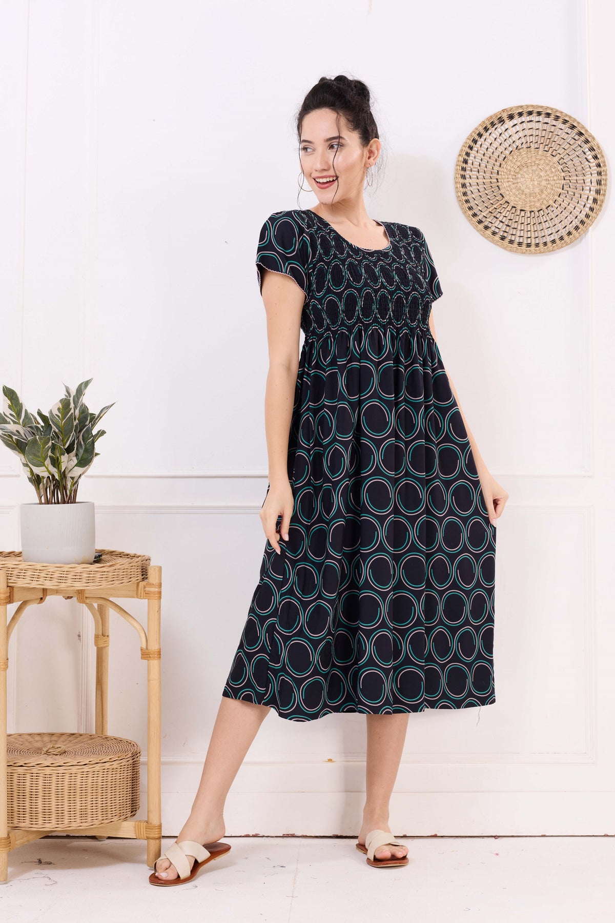 MANGAI Premium Rayon MAXI Frock Smocking Night Gown | Stretchable & Comfort Fit | Fancy Pleated Style with Side Pocket | Round Neck Nightwear for Stylish Women (SRM)