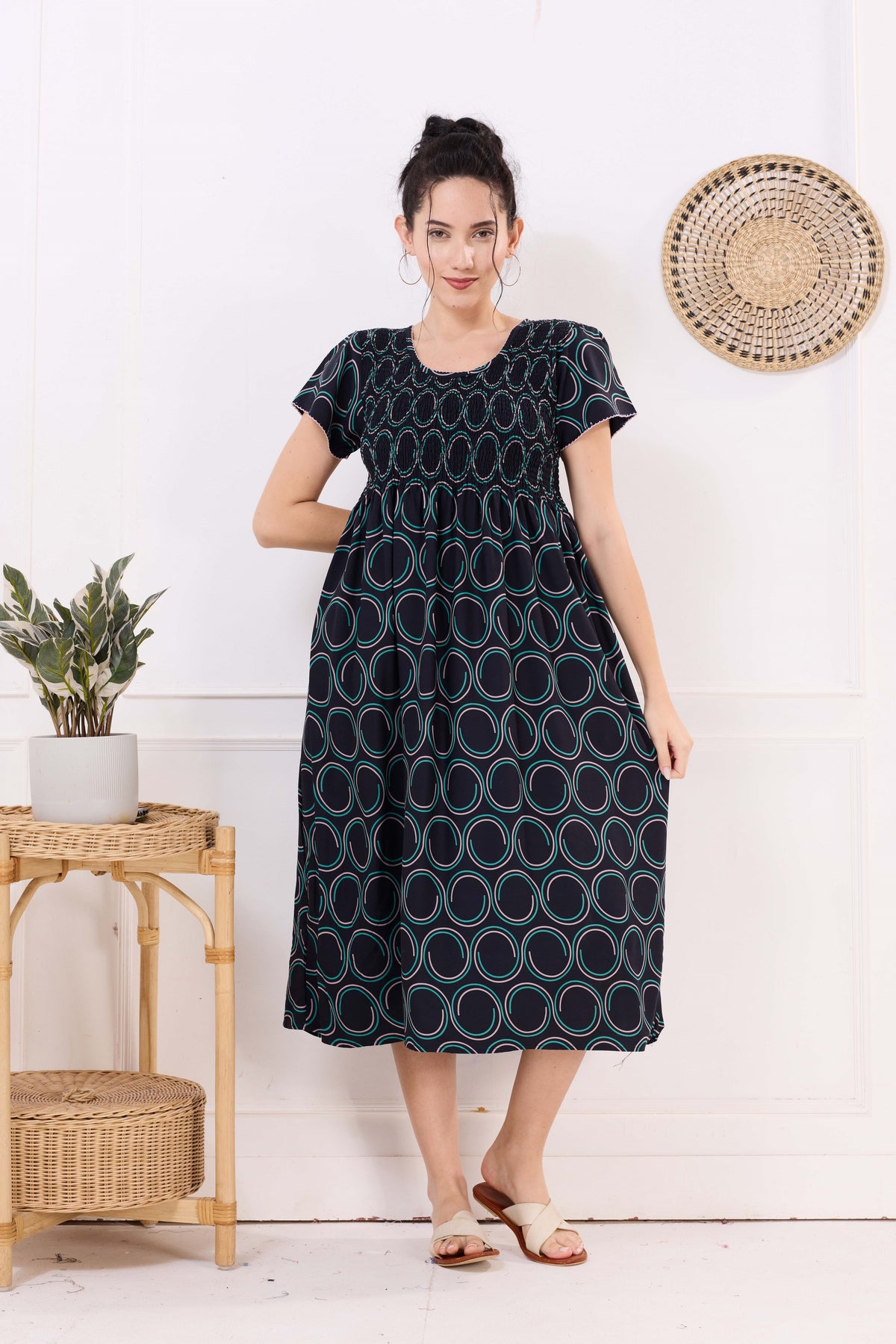 MANGAI Premium Rayon MAXI Frock Smocking Night Gown | Stretchable & Comfort Fit | Fancy Pleated Style with Side Pocket | Round Neck Nightwear for Stylish Women (SRM)