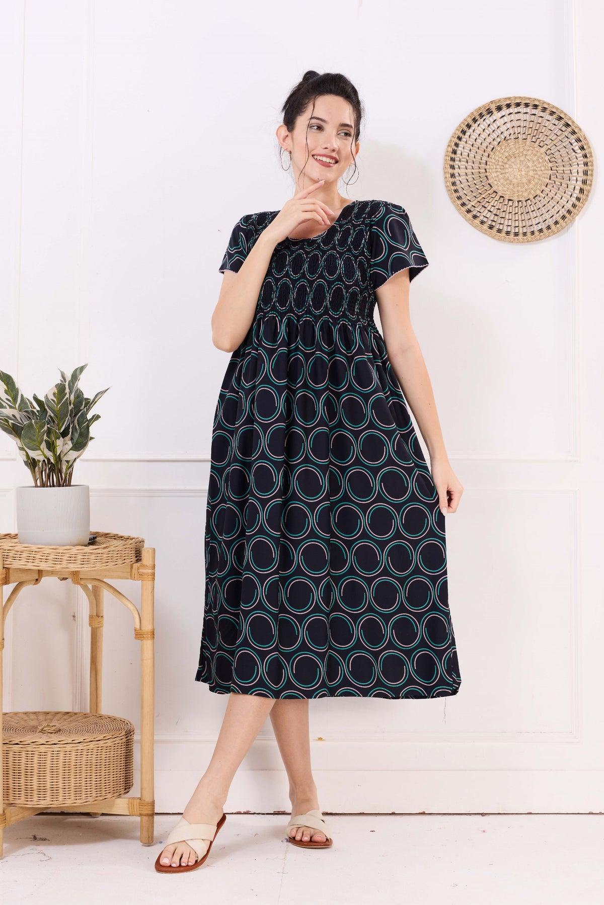 MANGAI Premium Rayon MAXI Frock Smocking Night Gown | Stretchable & Comfort Fit | Fancy Pleated Style with Side Pocket | Round Neck Nightwear for Stylish Women (SRM)