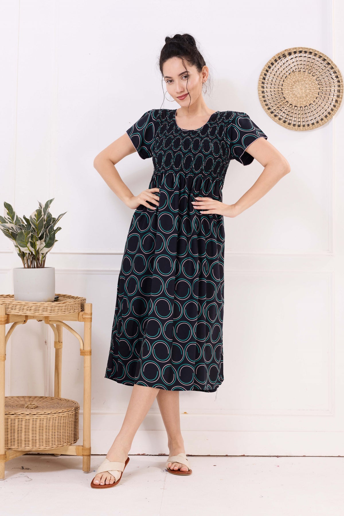 MANGAI Premium Rayon MAXI Frock Smocking Night Gown | Stretchable & Comfort Fit | Fancy Pleated Style with Side Pocket | Round Neck Nightwear for Stylish Women (SRM)