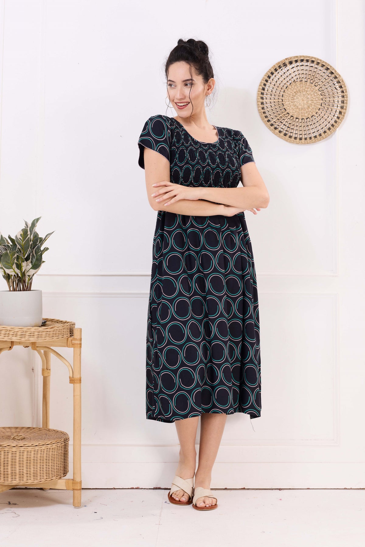 MANGAI Premium Rayon MAXI Frock Smocking Night Gown | Stretchable & Comfort Fit | Fancy Pleated Style with Side Pocket | Round Neck Nightwear for Stylish Women (SRM)