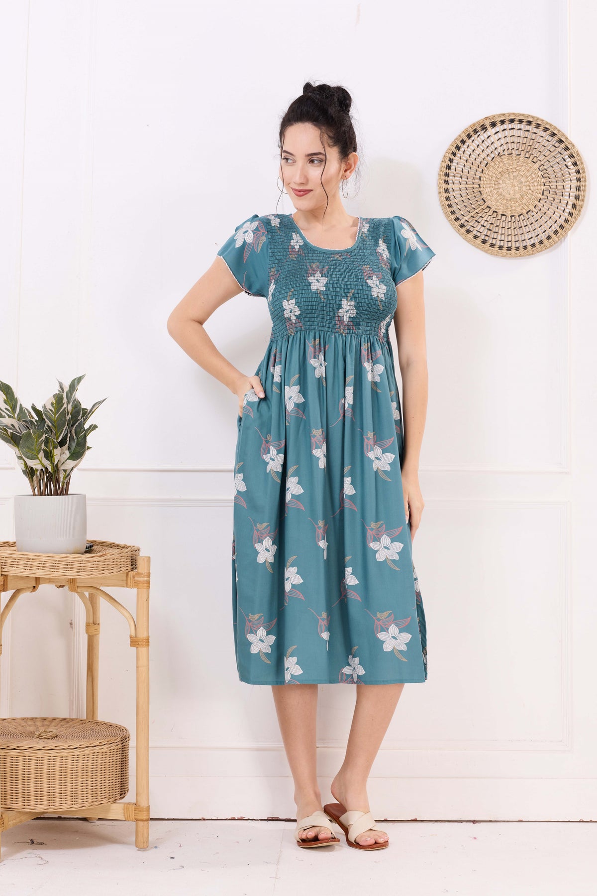 MANGAI Premium Rayon MAXI Frock Smocking Night Gown | Stretchable & Comfort Fit | Fancy Pleated Style with Side Pocket | Round Neck Nightwear for Stylish Women (SRM)