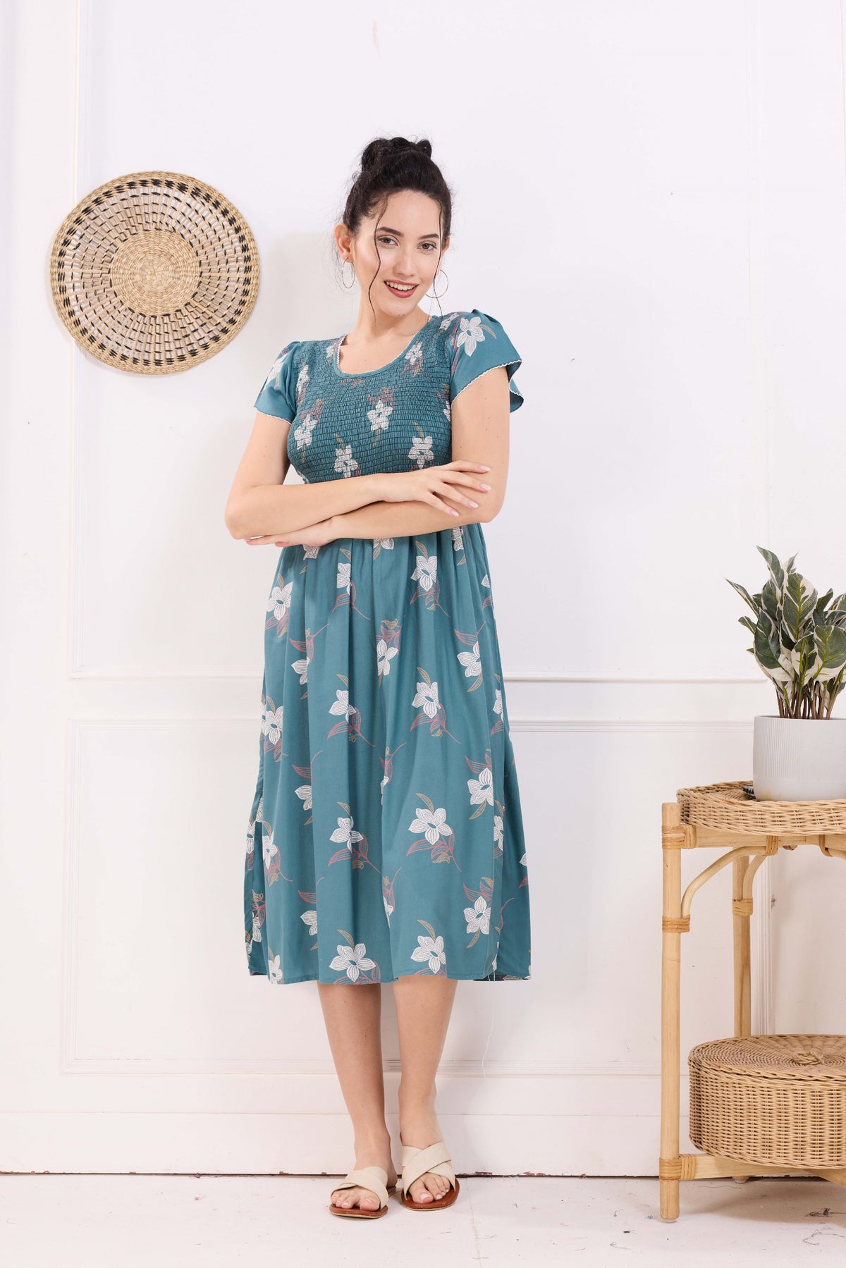 MANGAI Premium Rayon MAXI Frock Smocking Night Gown | Stretchable & Comfort Fit | Fancy Pleated Style with Side Pocket | Round Neck Nightwear for Stylish Women (SRM)