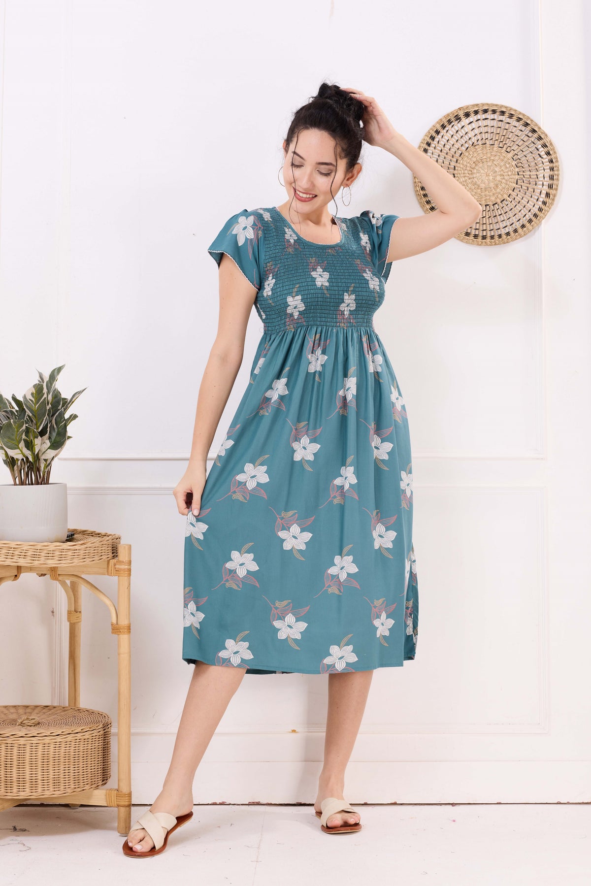 MANGAI Premium Rayon MAXI Frock Smocking Night Gown | Stretchable & Comfort Fit | Fancy Pleated Style with Side Pocket | Round Neck Nightwear for Stylish Women (SRM)
