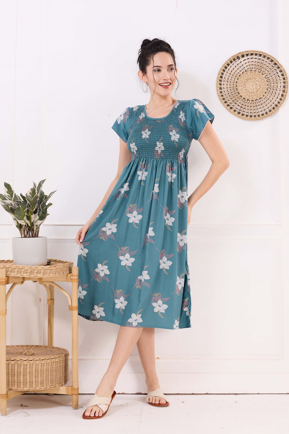 MANGAI Premium Rayon MAXI Frock Smocking Night Gown | Stretchable & Comfort Fit | Fancy Pleated Style with Side Pocket | Round Neck Nightwear for Stylish Women (SRM)