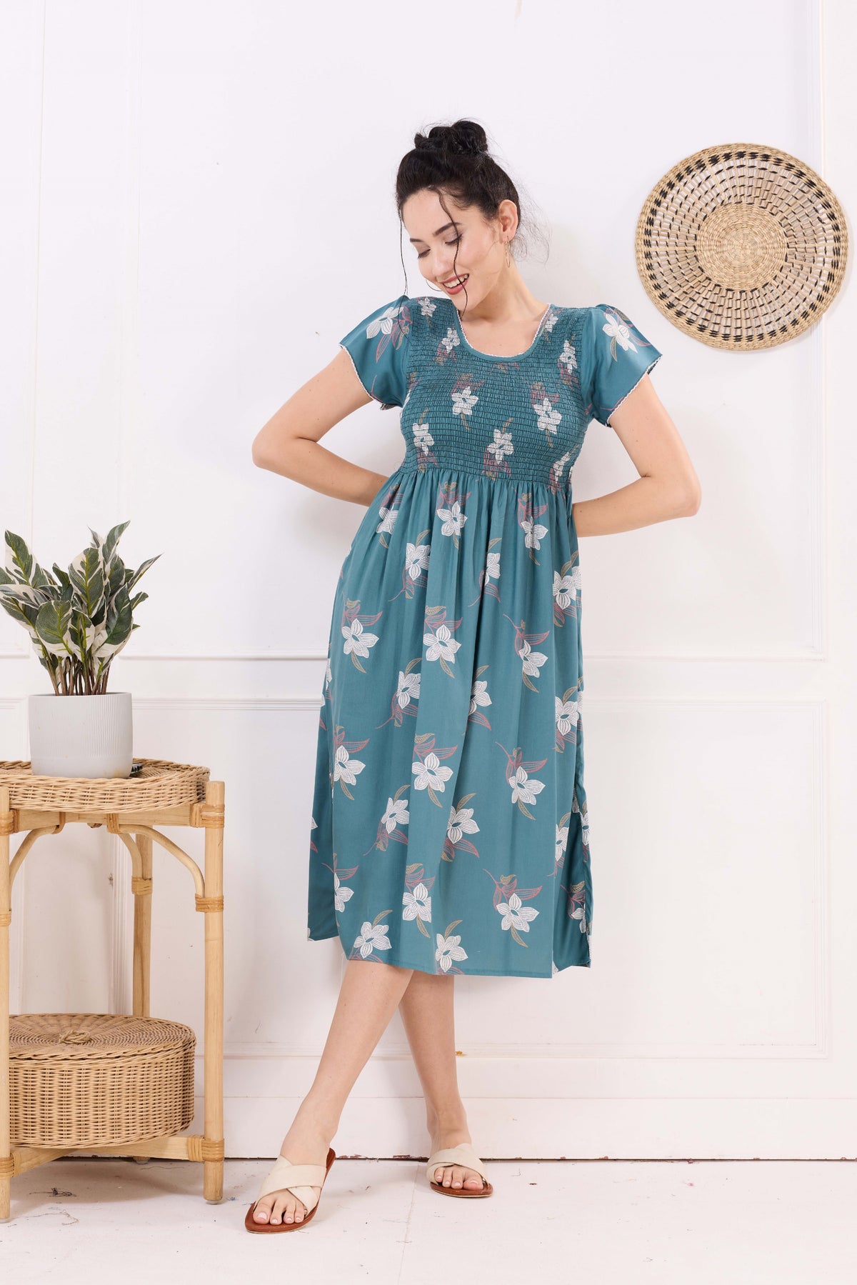 MANGAI Premium Rayon MAXI Frock Smocking Night Gown | Stretchable & Comfort Fit | Fancy Pleated Style with Side Pocket | Round Neck Nightwear for Stylish Women (SRM)