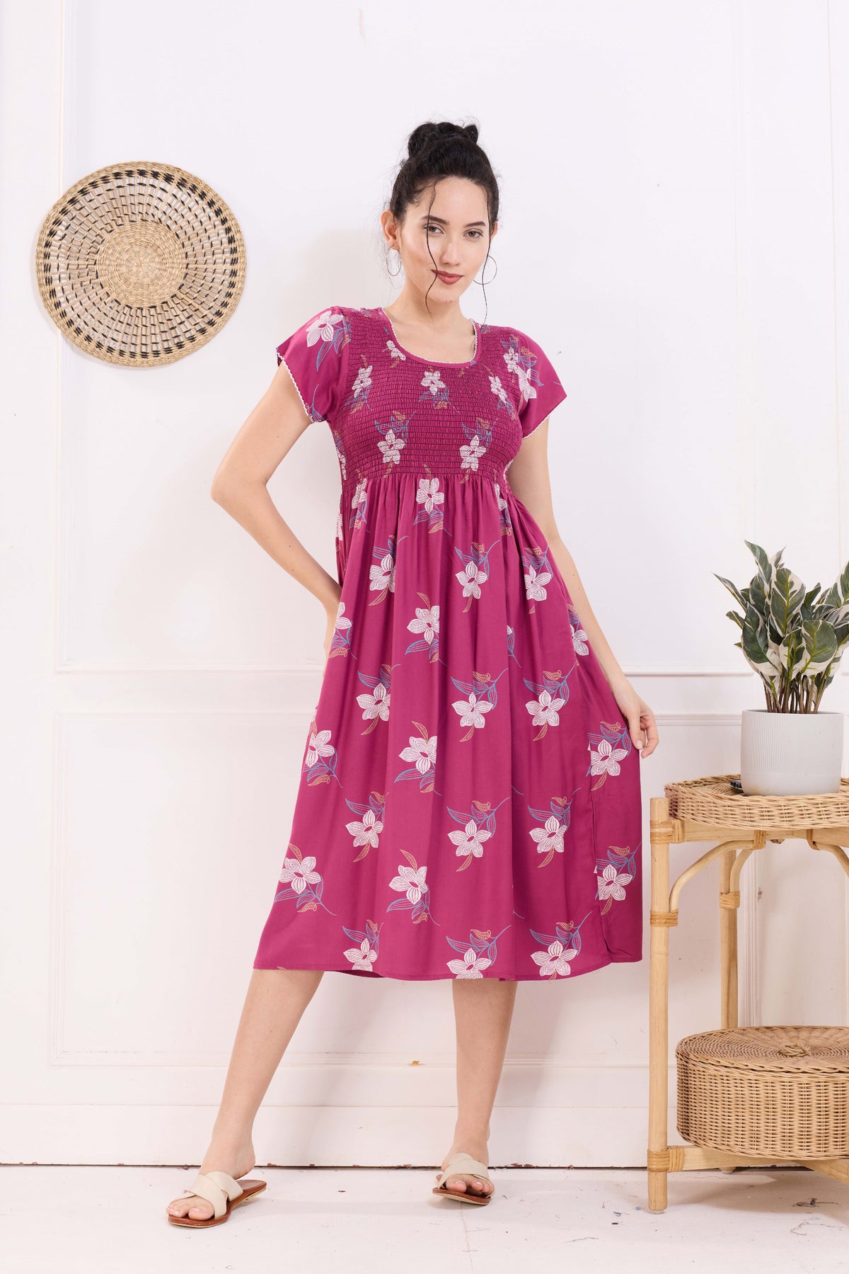 MANGAI Premium Rayon MAXI Frock Smocking Night Gown | Stretchable & Comfort Fit | Fancy Pleated Style with Side Pocket | Round Neck Nightwear for Stylish Women (SRM)
