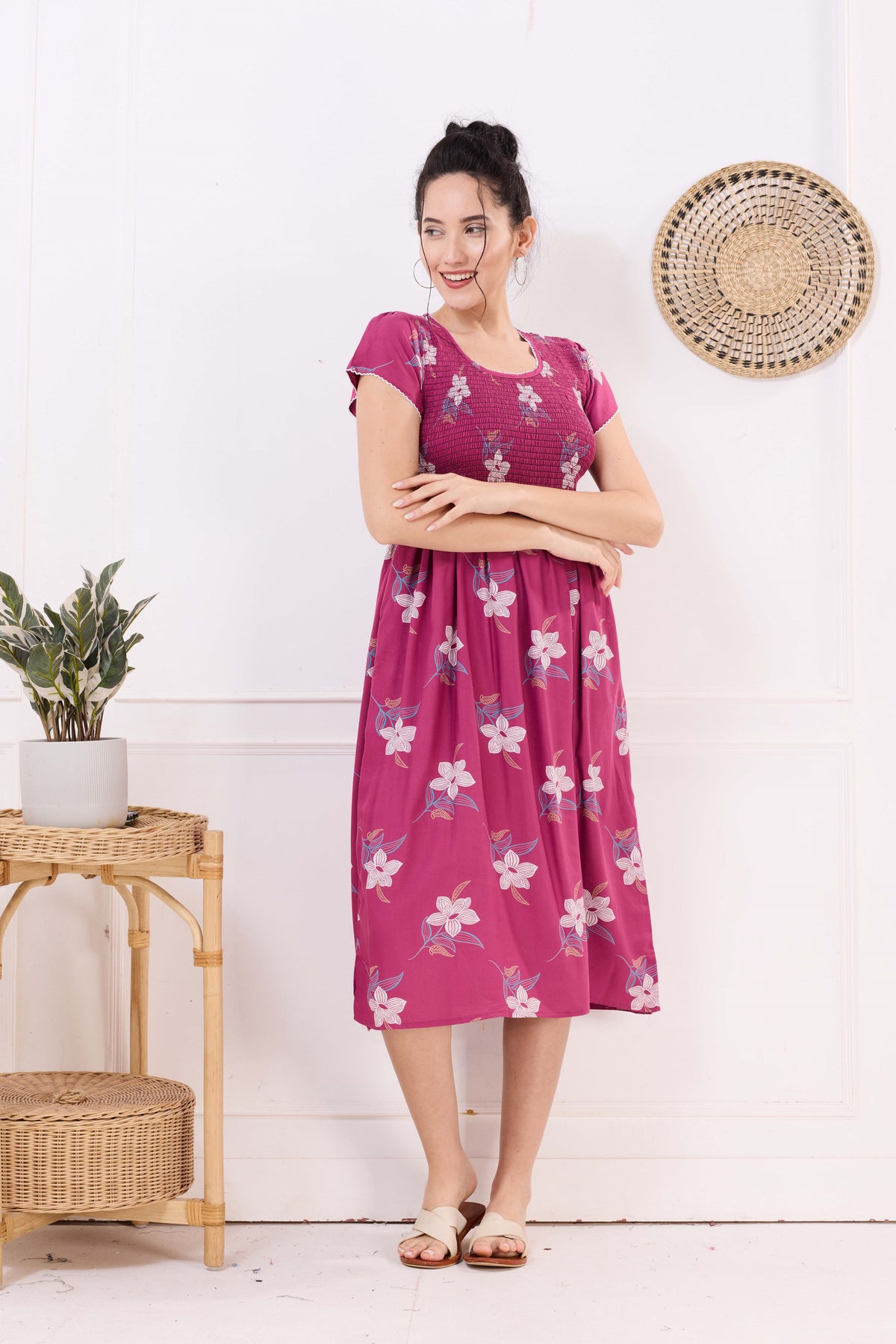 MANGAI Premium Rayon MAXI Frock Smocking Night Gown | Stretchable & Comfort Fit | Fancy Pleated Style with Side Pocket | Round Neck Nightwear for Stylish Women (SRM)
