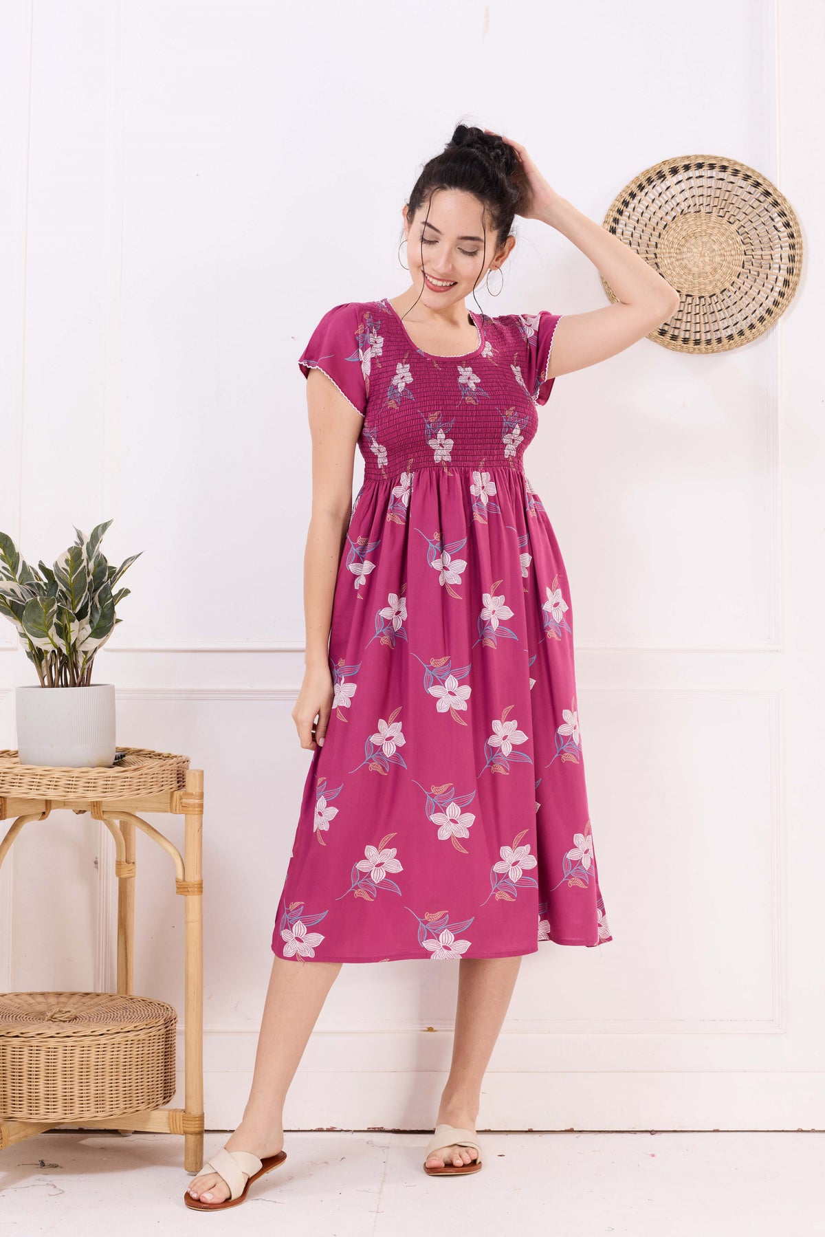 MANGAI Premium Rayon MAXI Frock Smocking Night Gown | Stretchable & Comfort Fit | Fancy Pleated Style with Side Pocket | Round Neck Nightwear for Stylish Women (SRM)