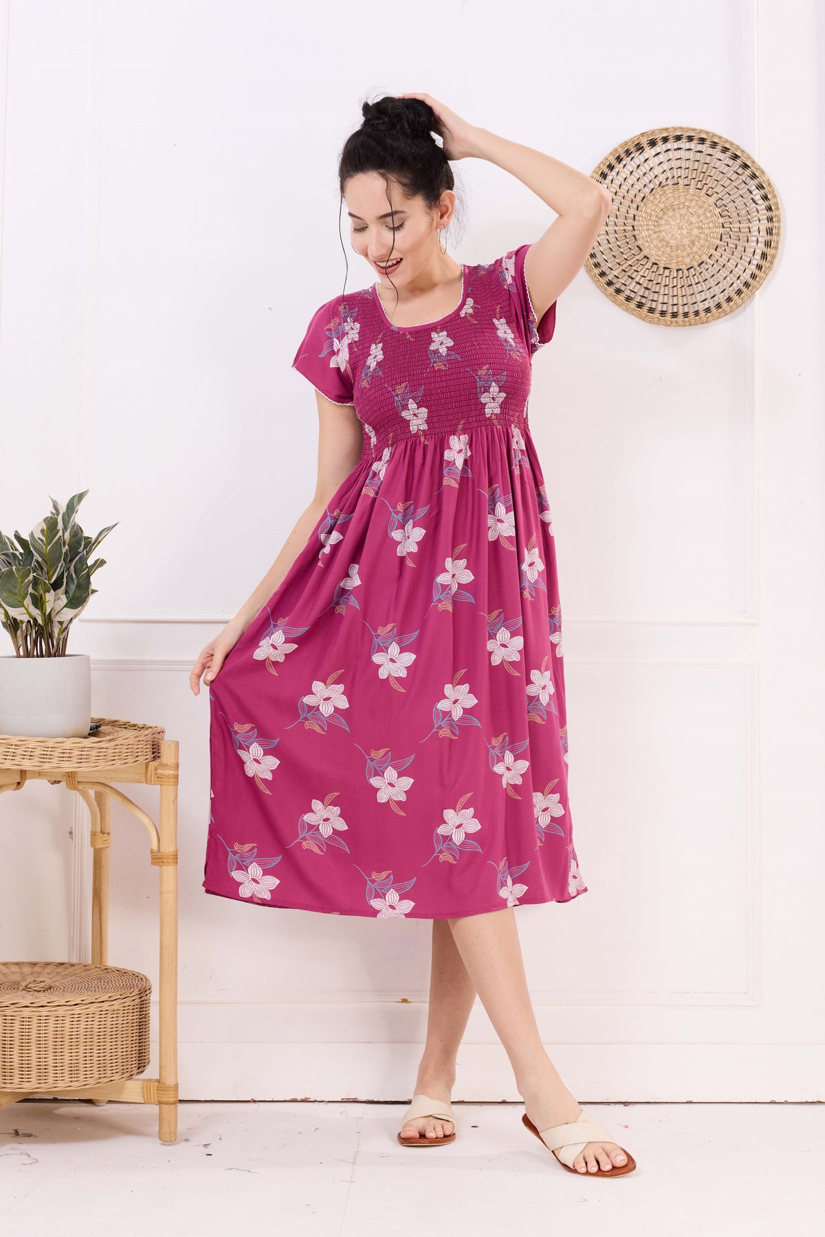 MANGAI Premium Rayon MAXI Frock Smocking Night Gown | Stretchable & Comfort Fit | Fancy Pleated Style with Side Pocket | Round Neck Nightwear for Stylish Women (SRM)
