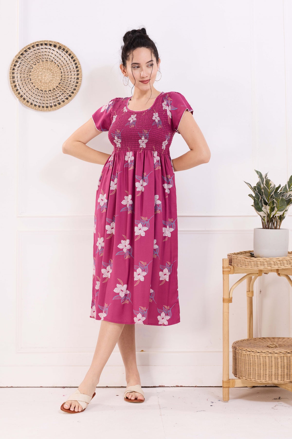 MANGAI Premium Rayon MAXI Frock Smocking Night Gown | Stretchable & Comfort Fit | Fancy Pleated Style with Side Pocket | Round Neck Nightwear for Stylish Women (SRM)