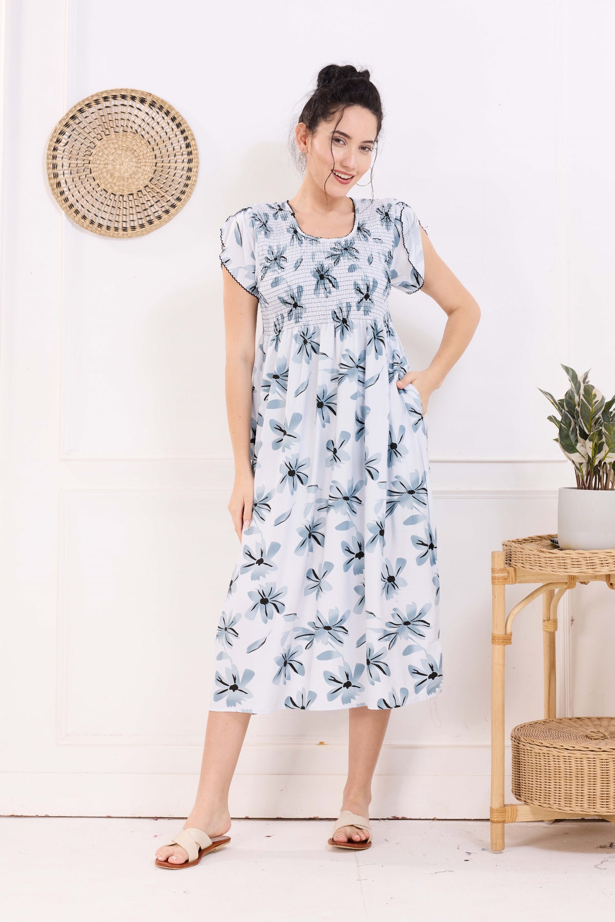 MANGAI Premium Rayon MAXI Frock Smocking Night Gown | Stretchable & Comfort Fit | Fancy Pleated Style with Side Pocket | Round Neck Nightwear for Stylish Women (SRM)