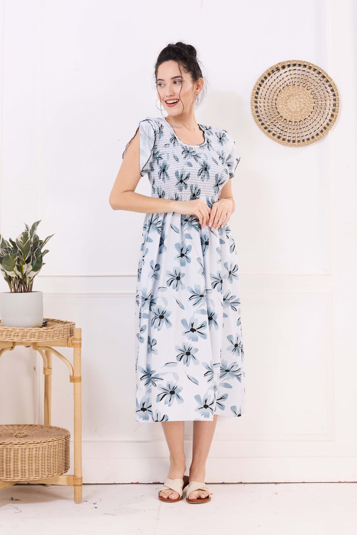 MANGAI Premium Rayon MAXI Frock Smocking Night Gown | Stretchable & Comfort Fit | Fancy Pleated Style with Side Pocket | Round Neck Nightwear for Stylish Women (SRM)